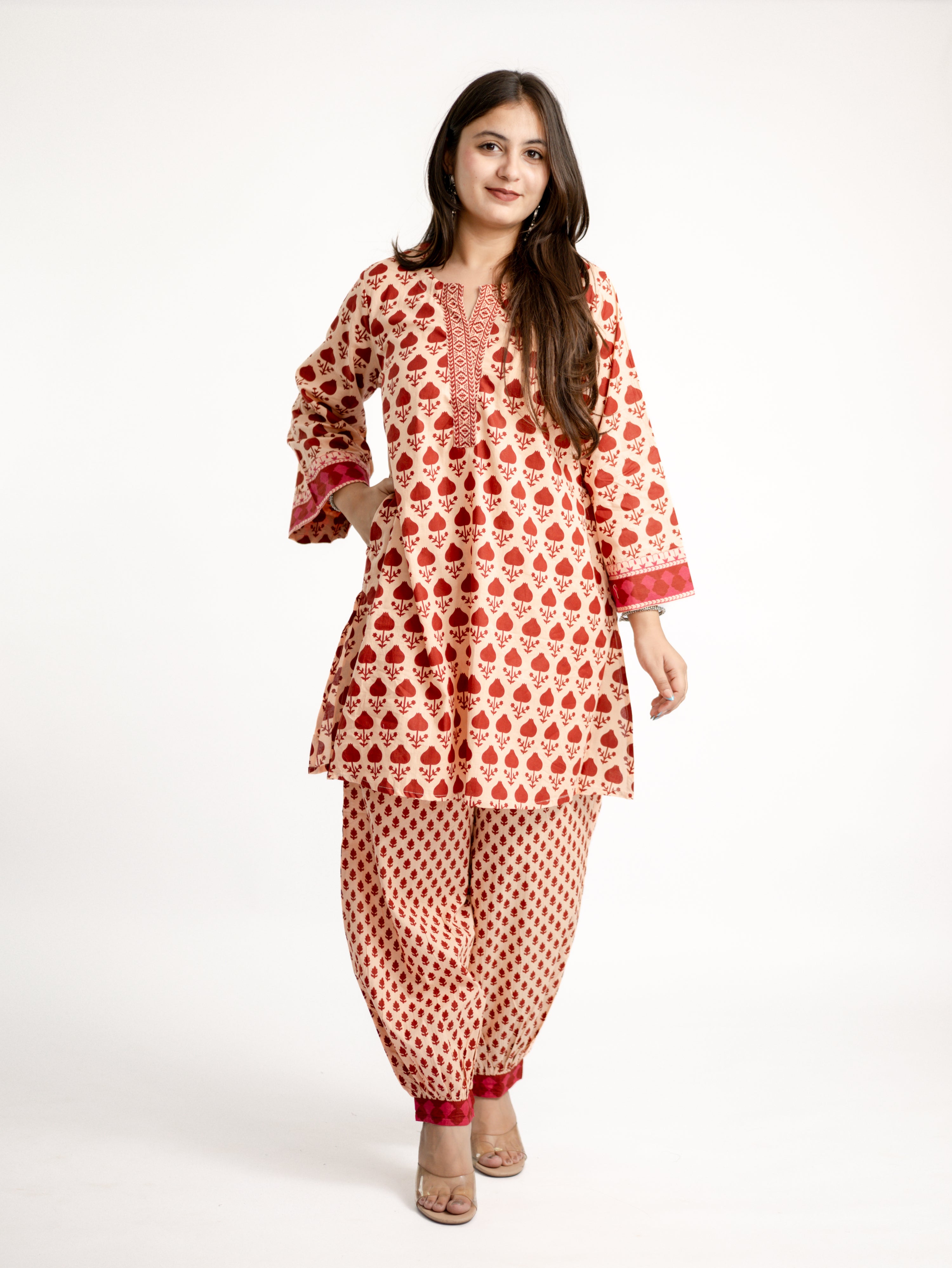 Gul Red Cotton Handblock Coord Set