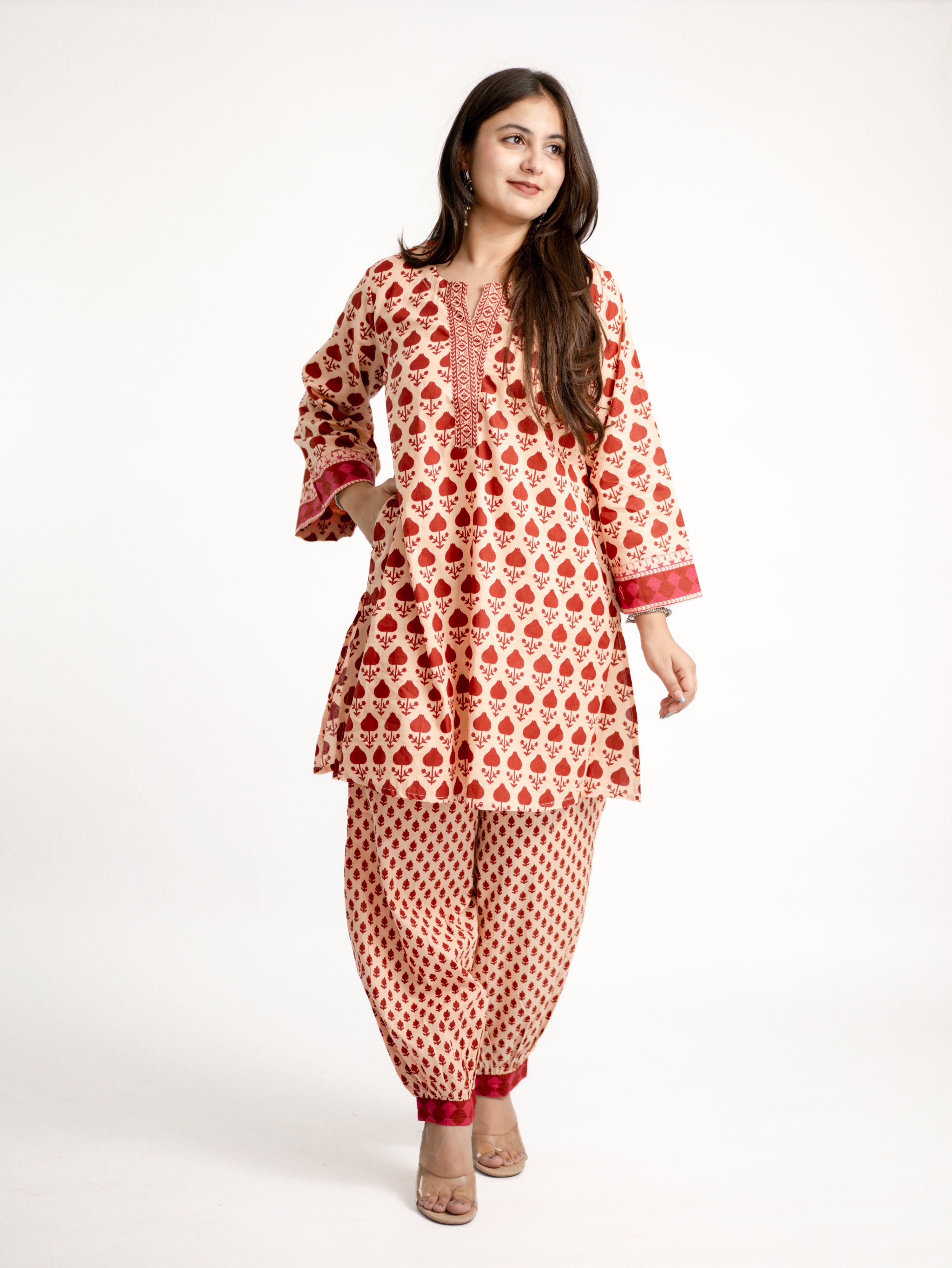 Gul Red Cotton Handblock Coord Set