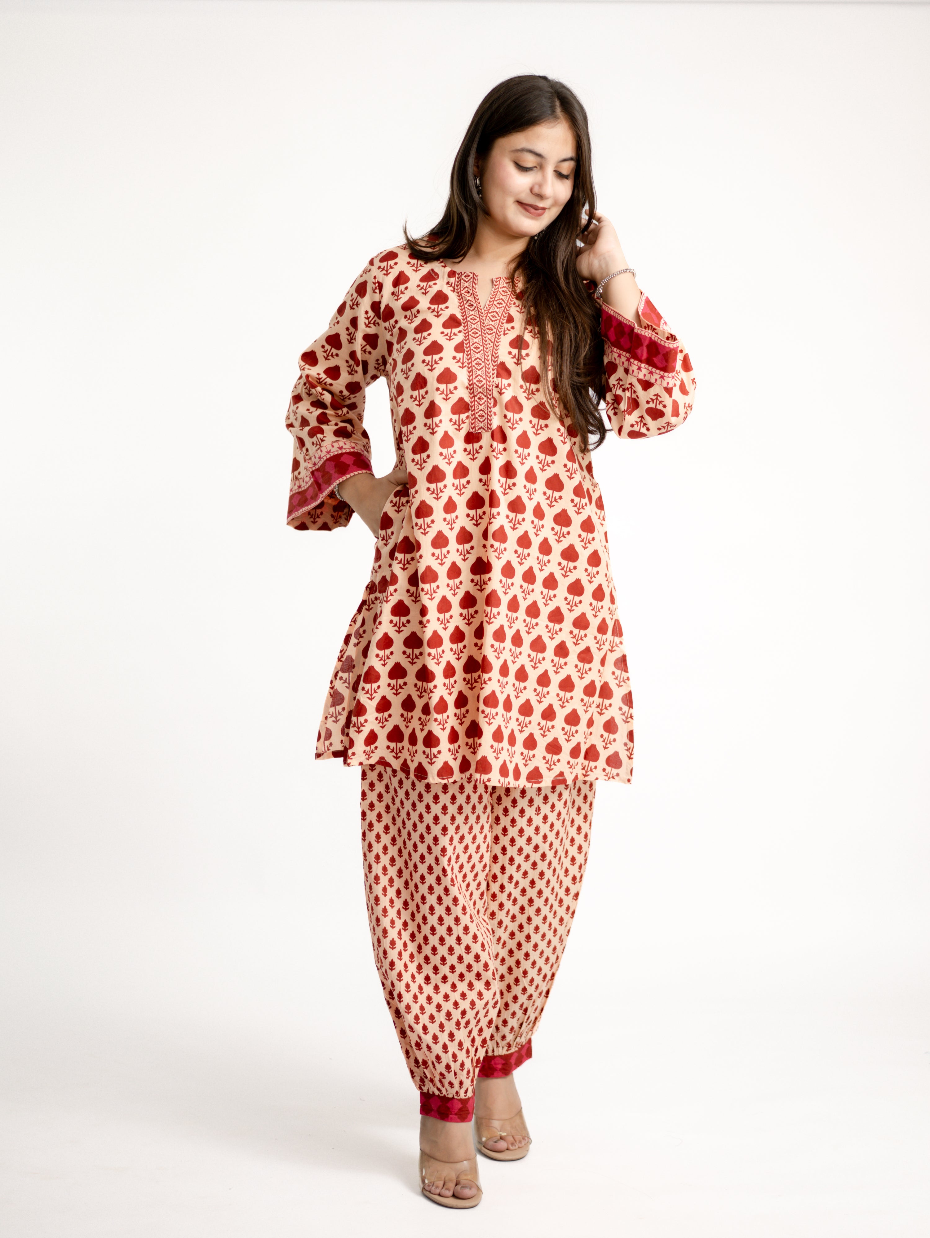 Gul Red Cotton Handblock Coord Set