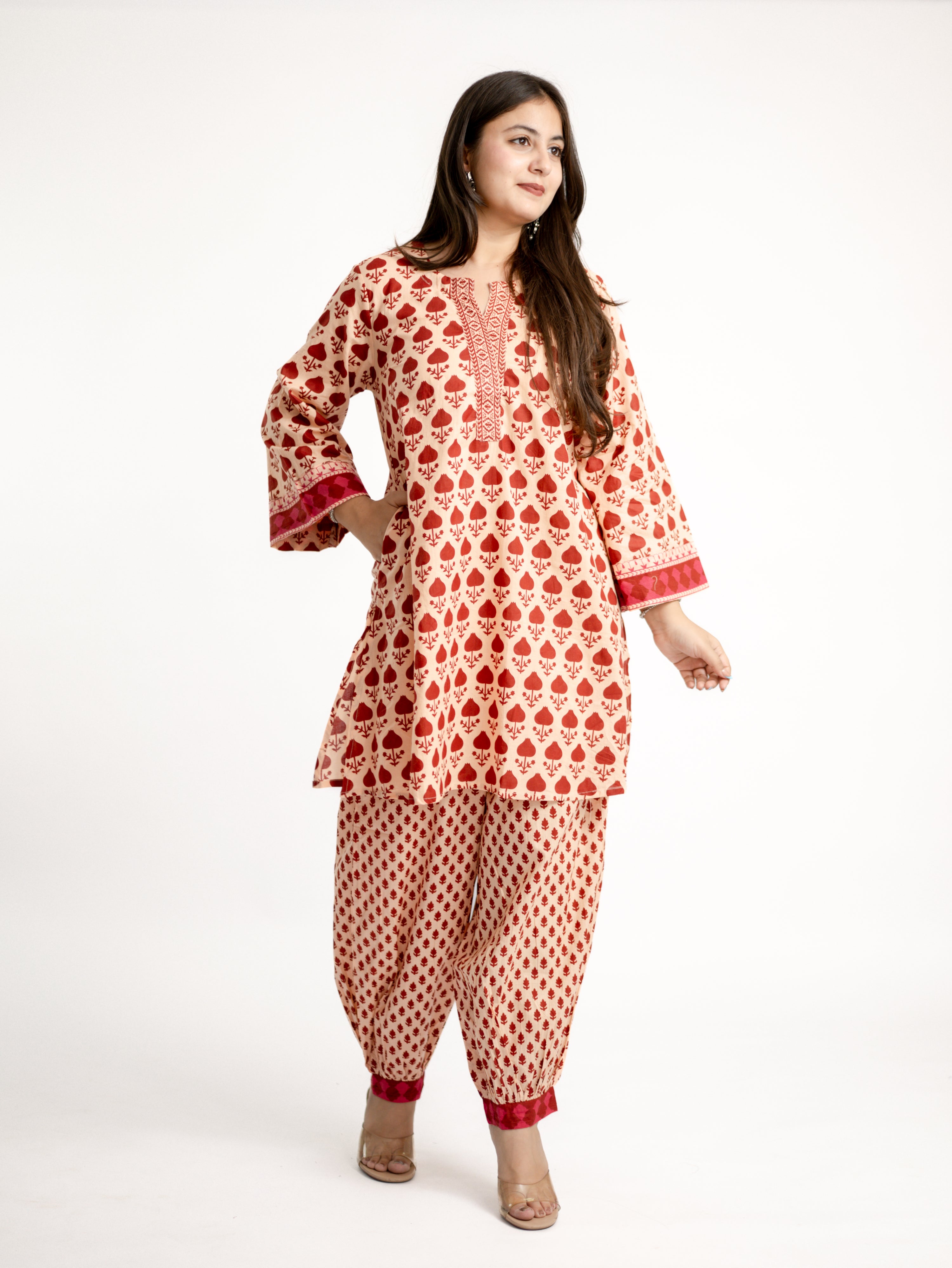 Gul Red Cotton Handblock Coord Set