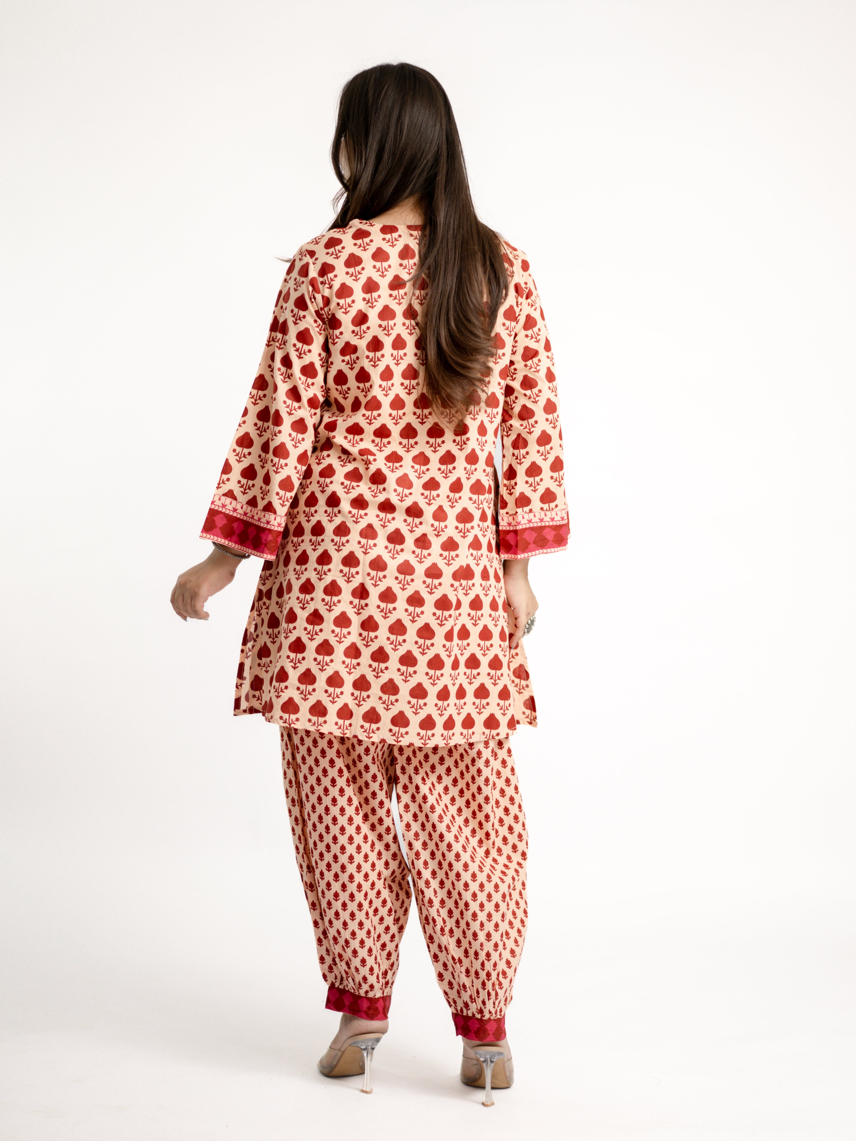 Gul Red Cotton Handblock Coord Set