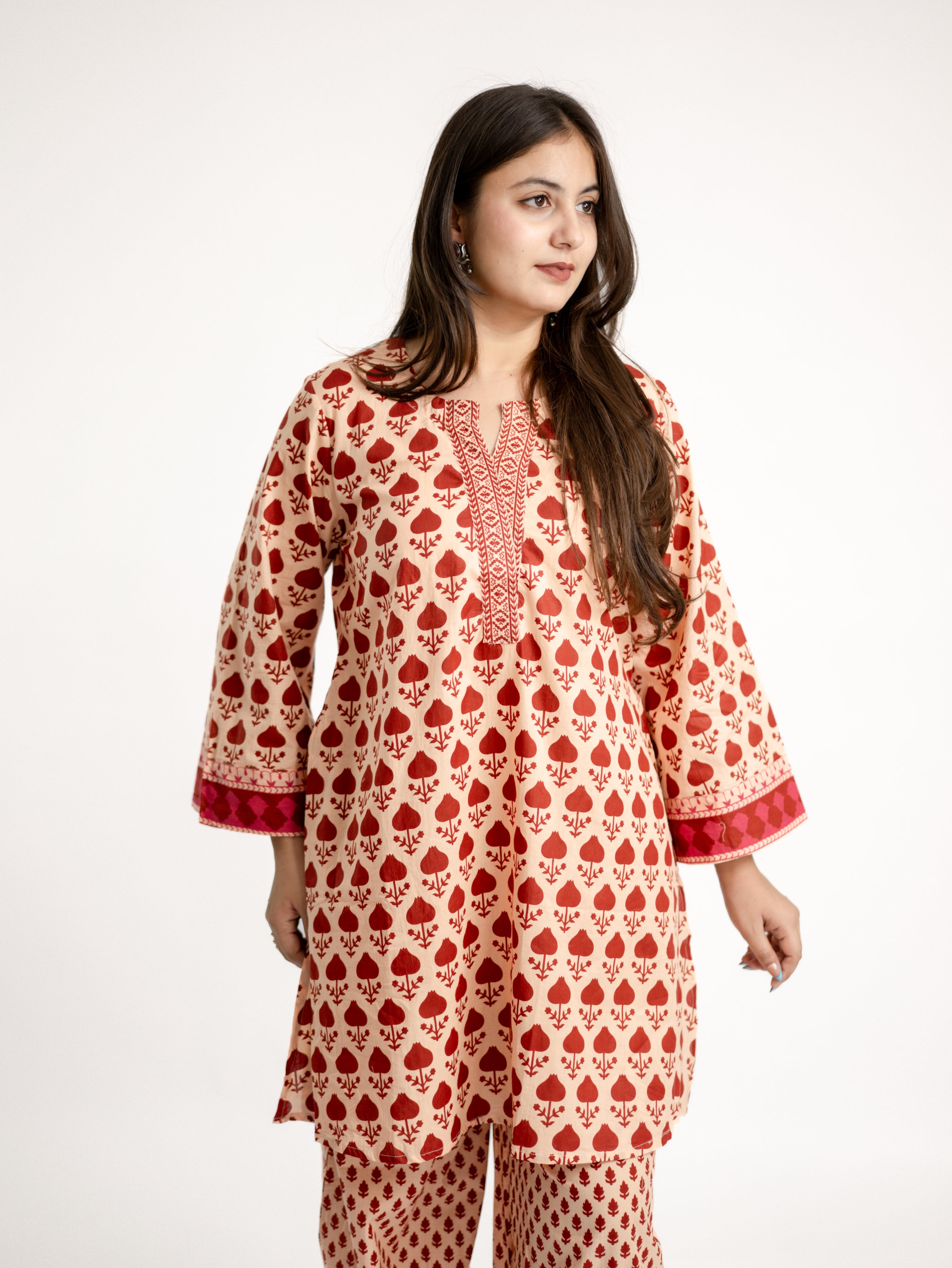Gul Red Cotton Handblock Coord Set