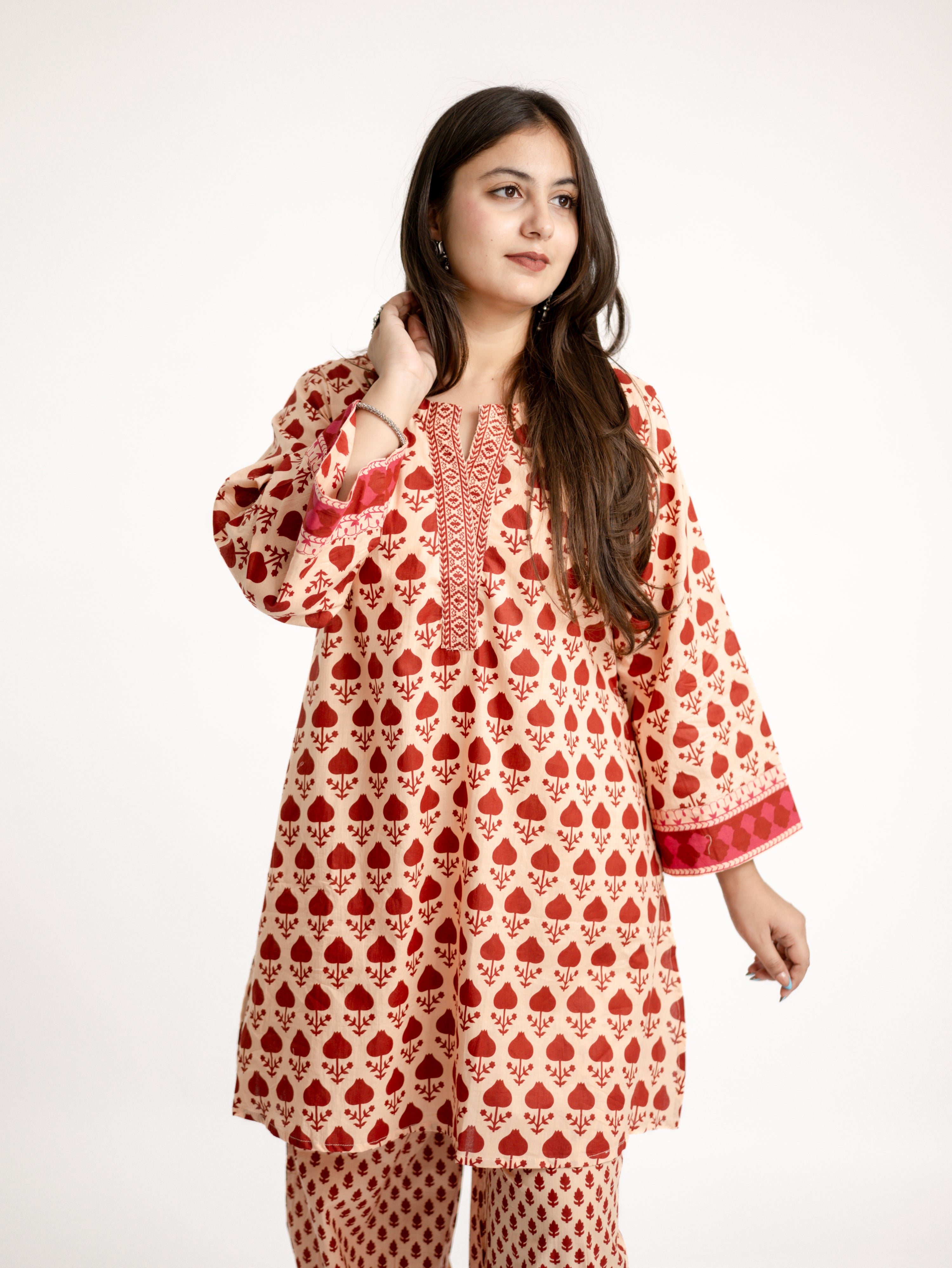 Gul Red Cotton Handblock Coord Set