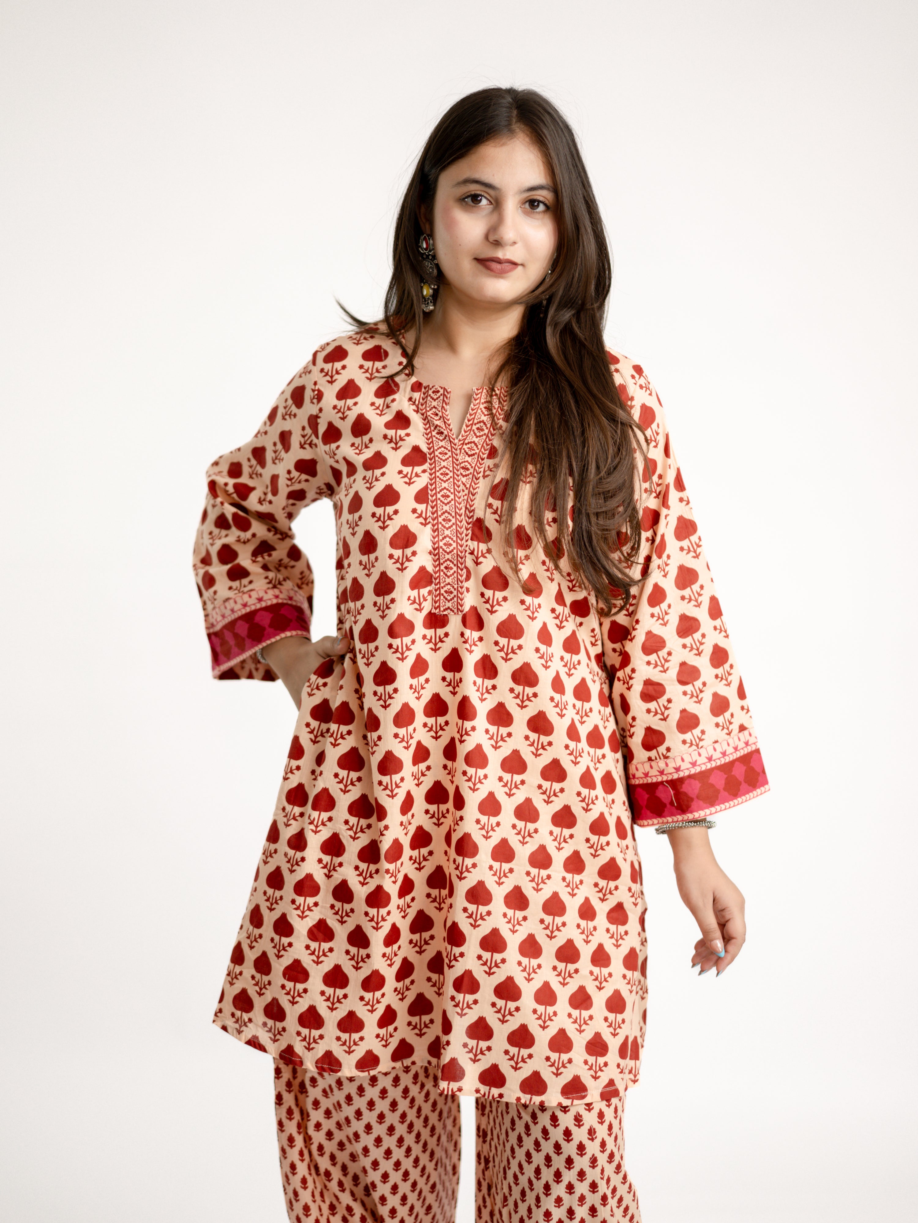 Gul Red Cotton Handblock Coord Set