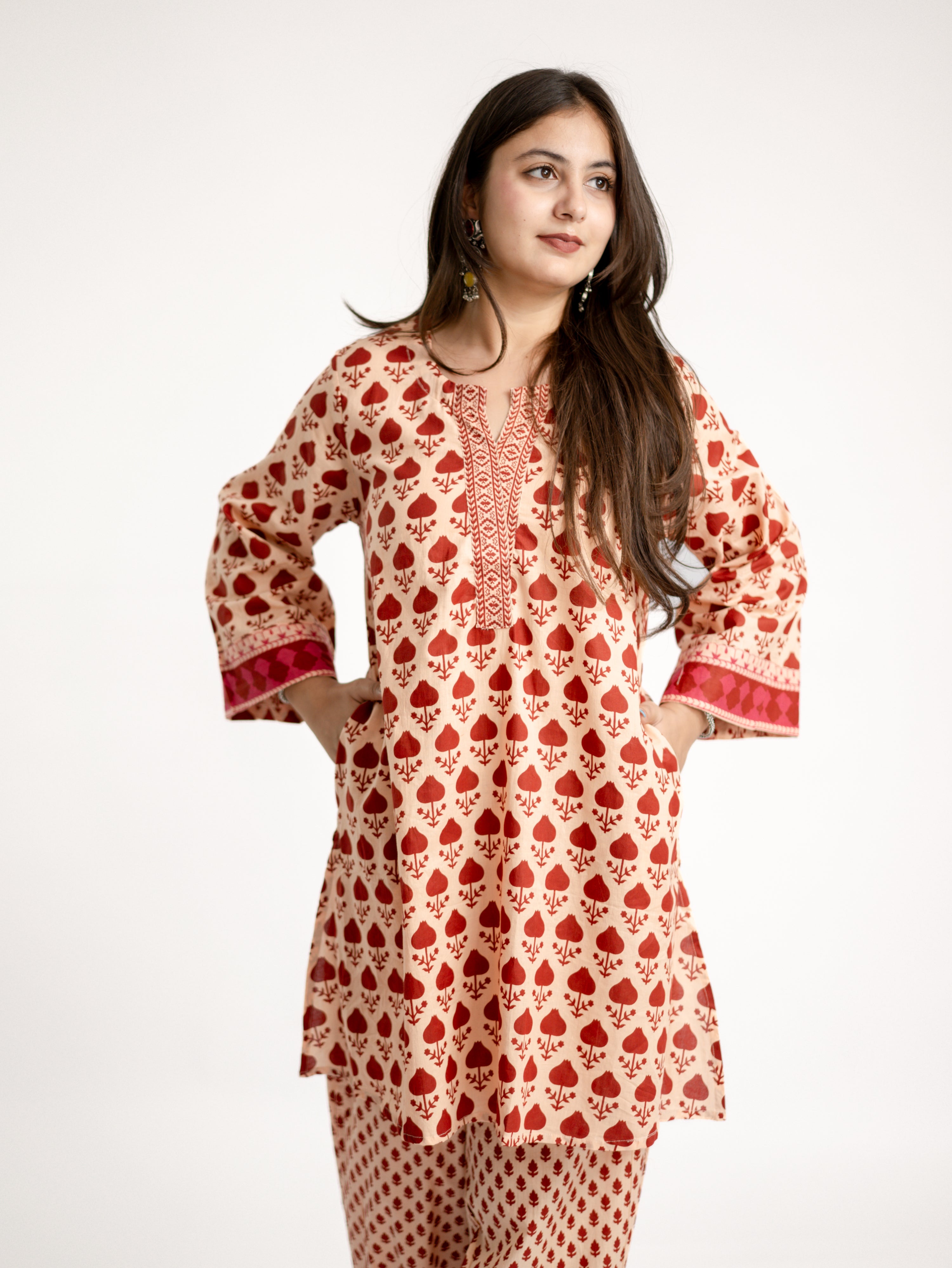 Gul Red Cotton Handblock Coord Set