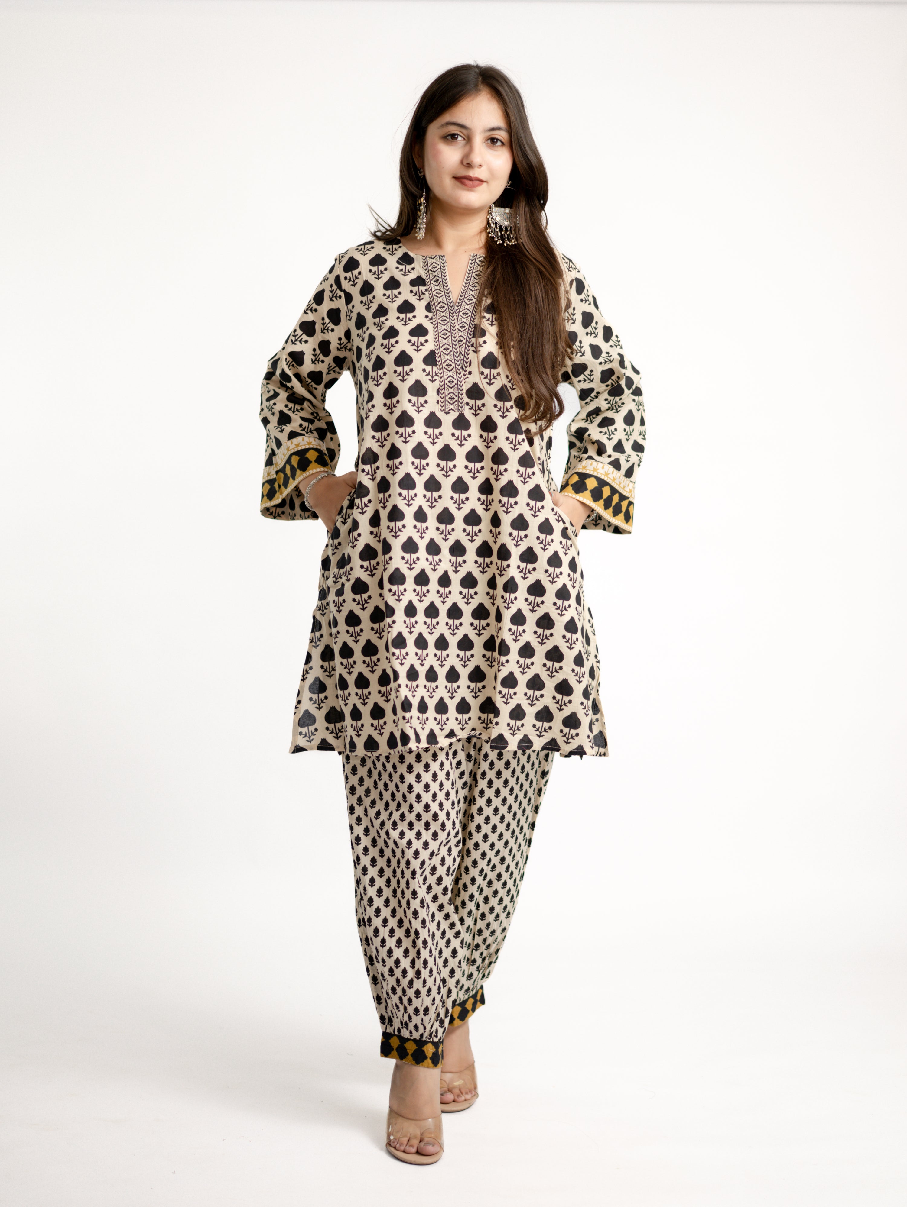 Gul Black Cotton Handblock Coord Set