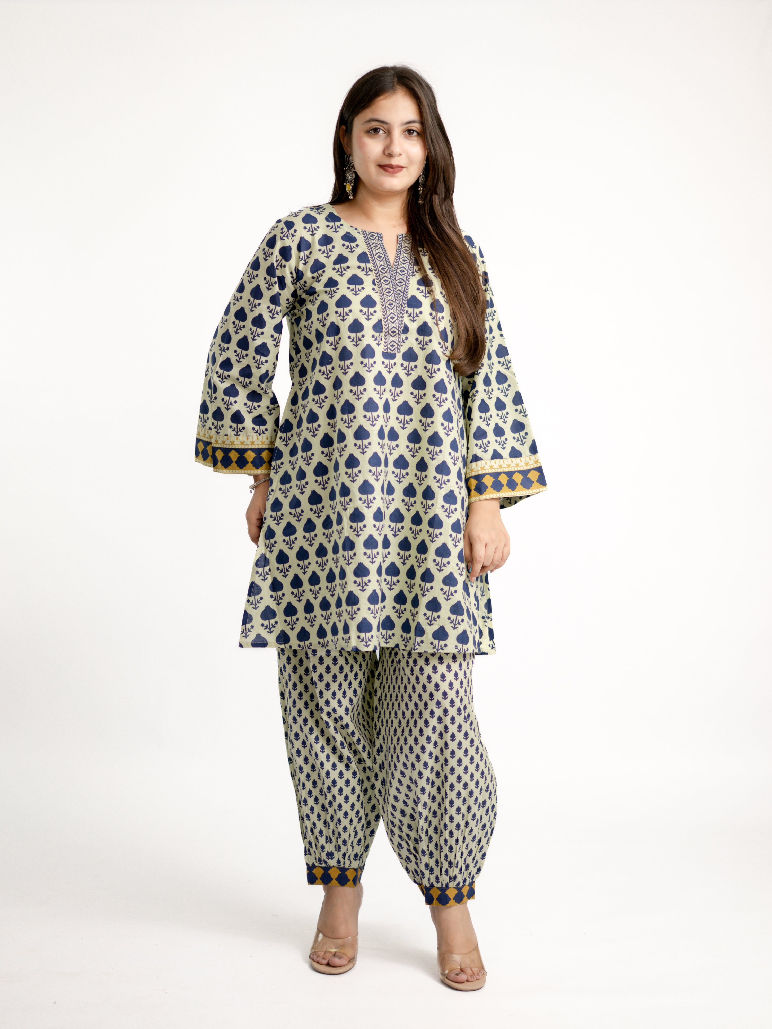 Gul Blue Cotton Handblock Coord Set