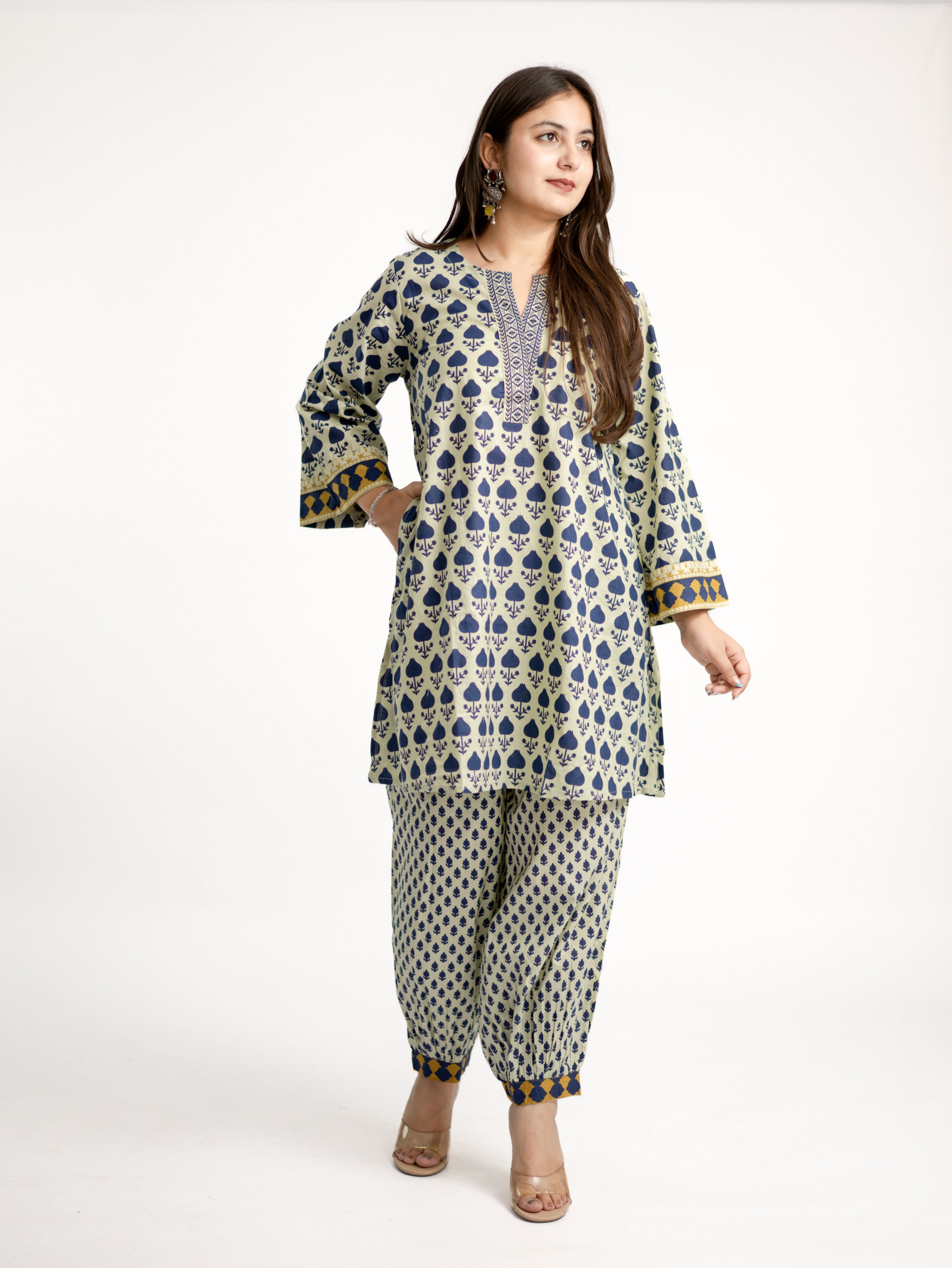Gul Blue Cotton Handblock Coord Set