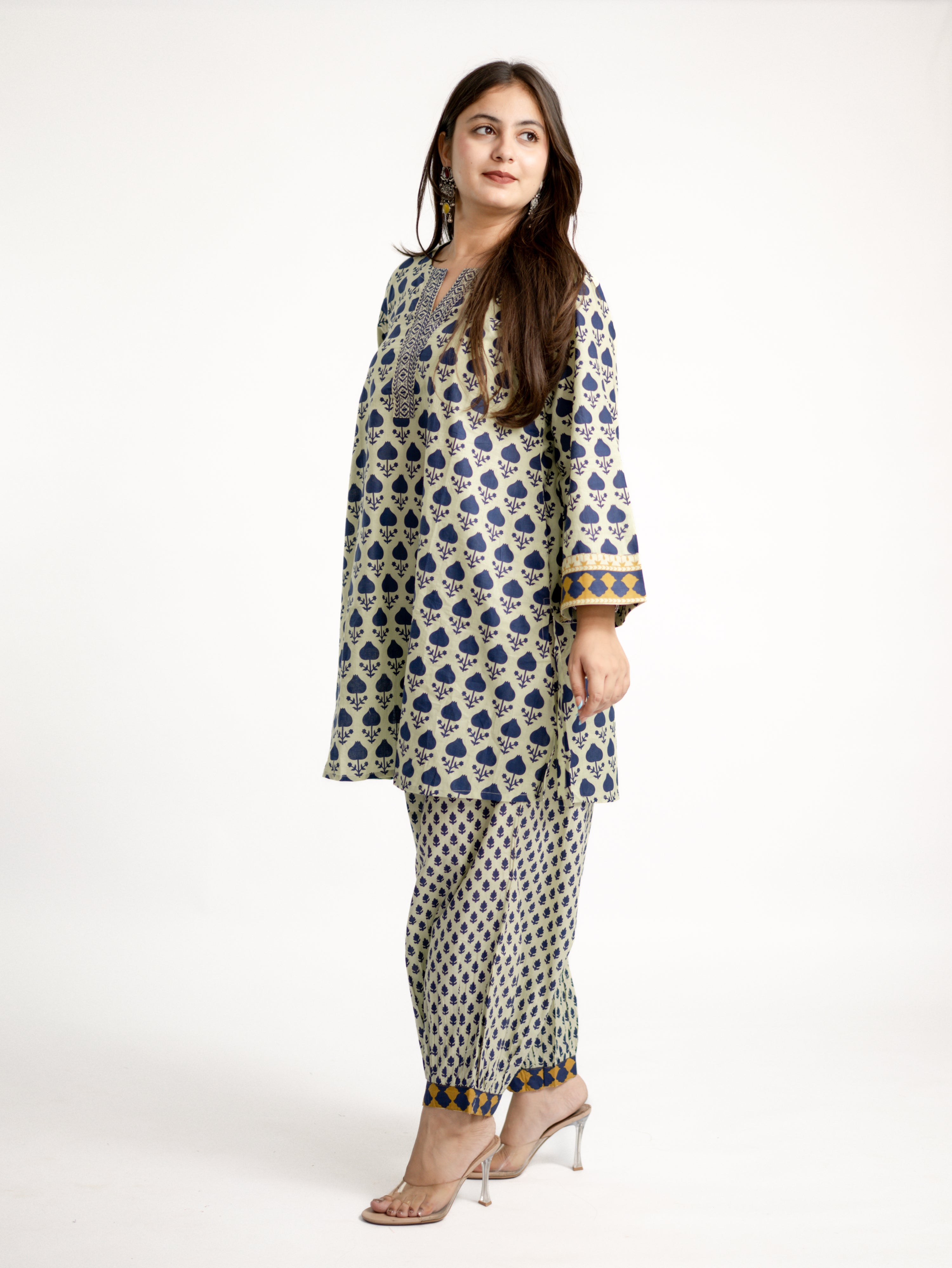 Gul Blue Cotton Handblock Coord Set