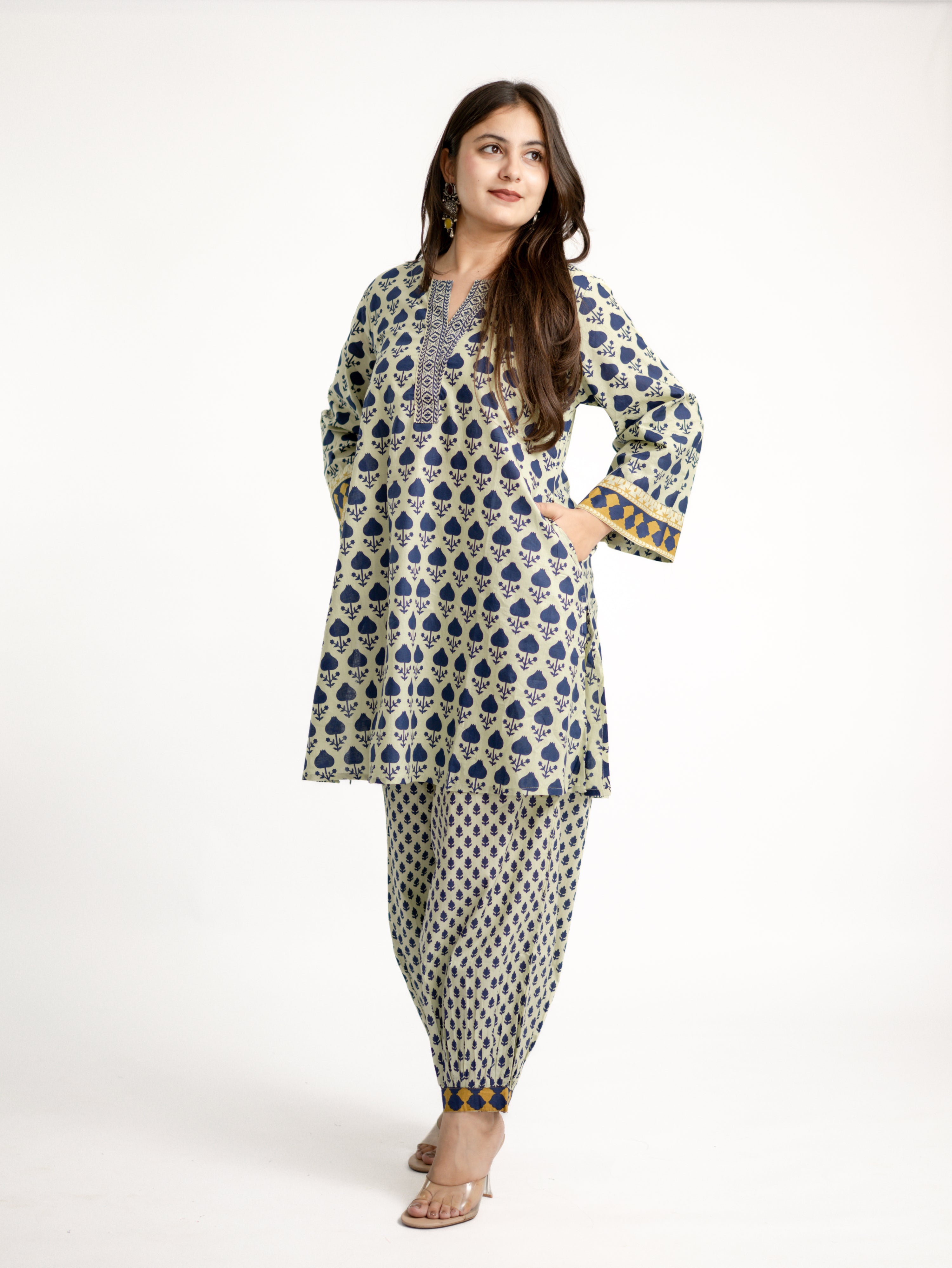 Gul Blue Cotton Handblock Coord Set
