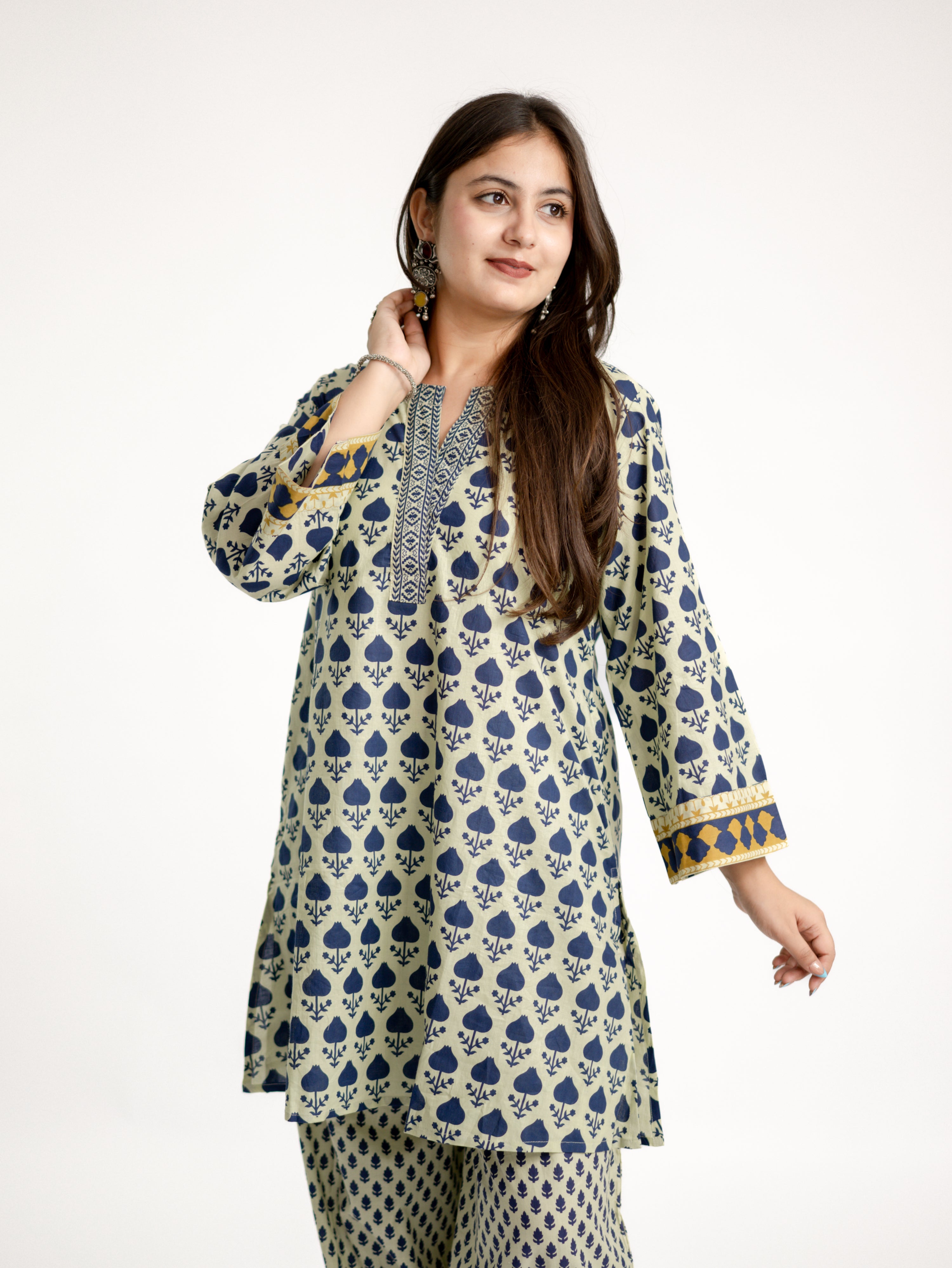 Gul Blue Cotton Handblock Coord Set