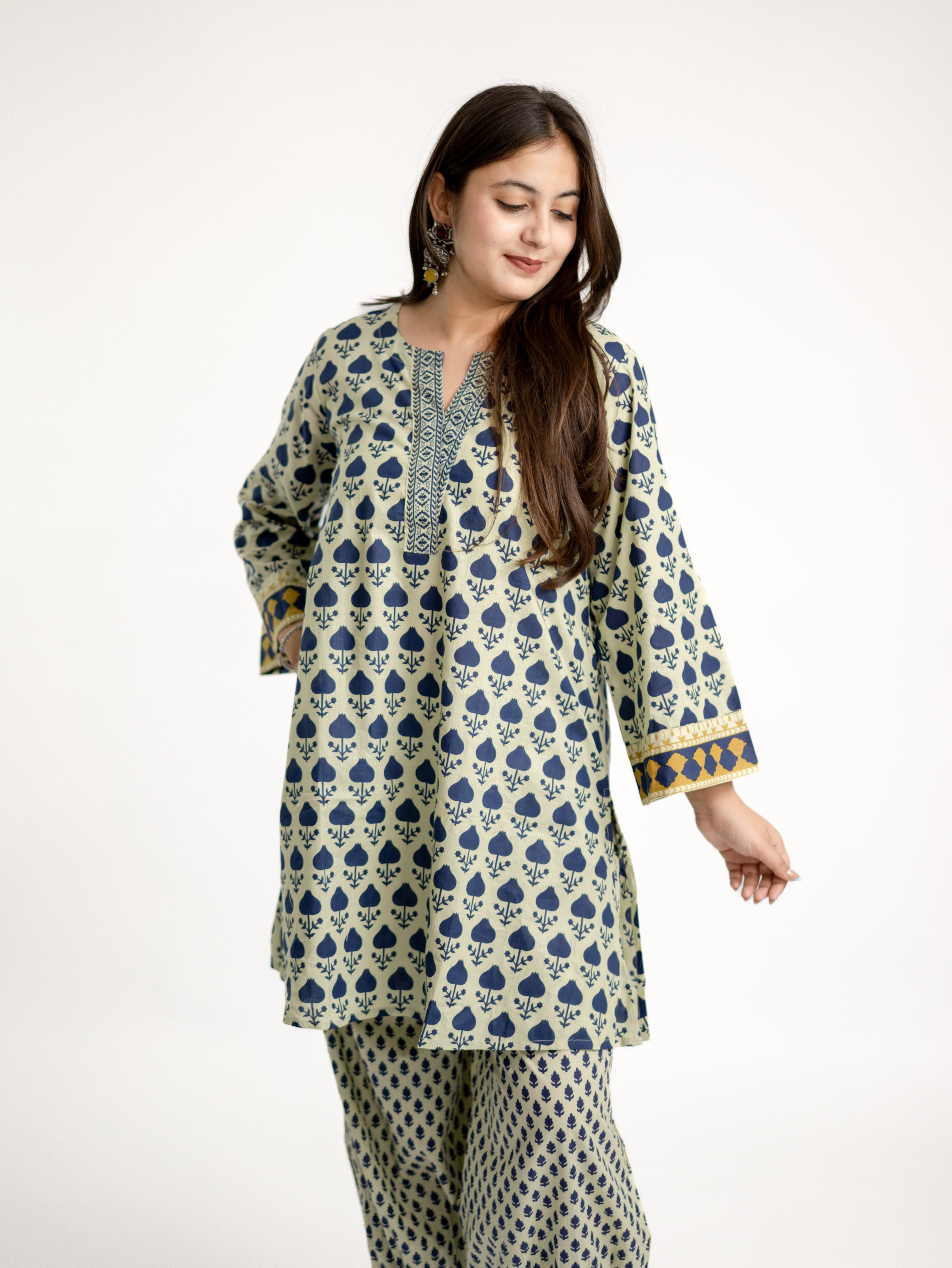 Gul Blue Cotton Handblock Coord Set