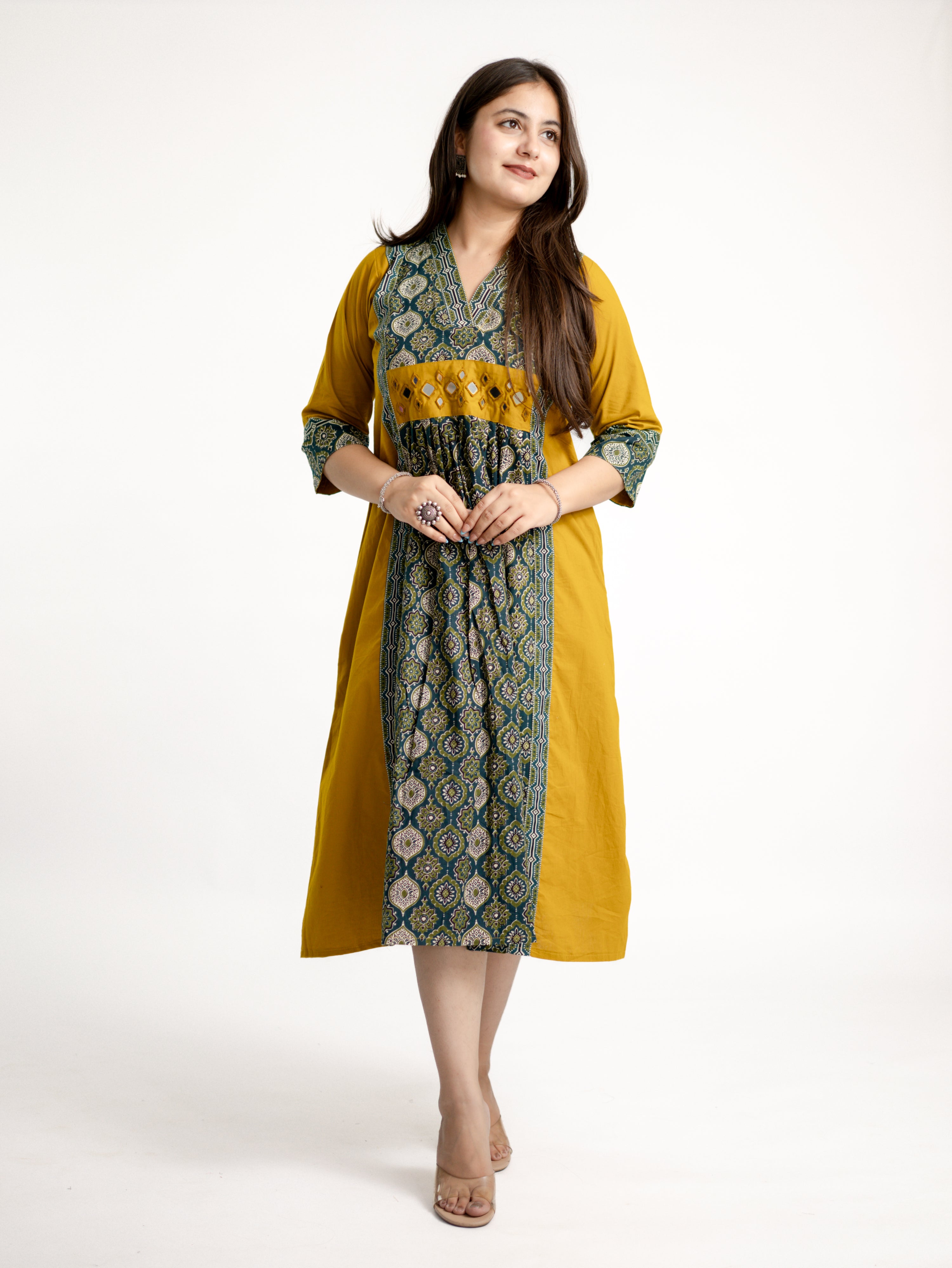 Diya Haldi Mustard Cotton Ajrakh Kutch Embroidered A-line Kurta