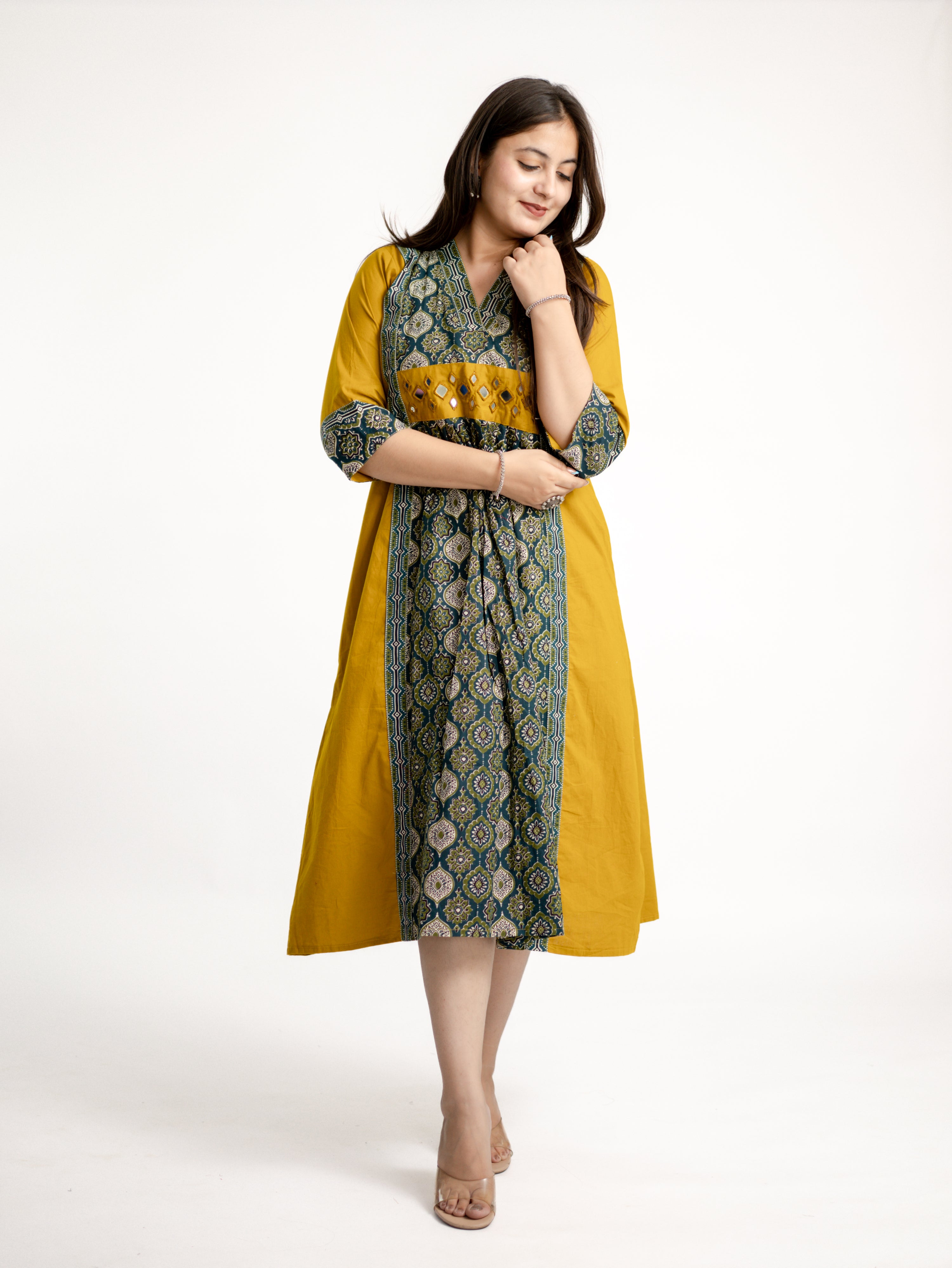 Diya Haldi Mustard Cotton Ajrakh Kutch Embroidered A-line Kurta