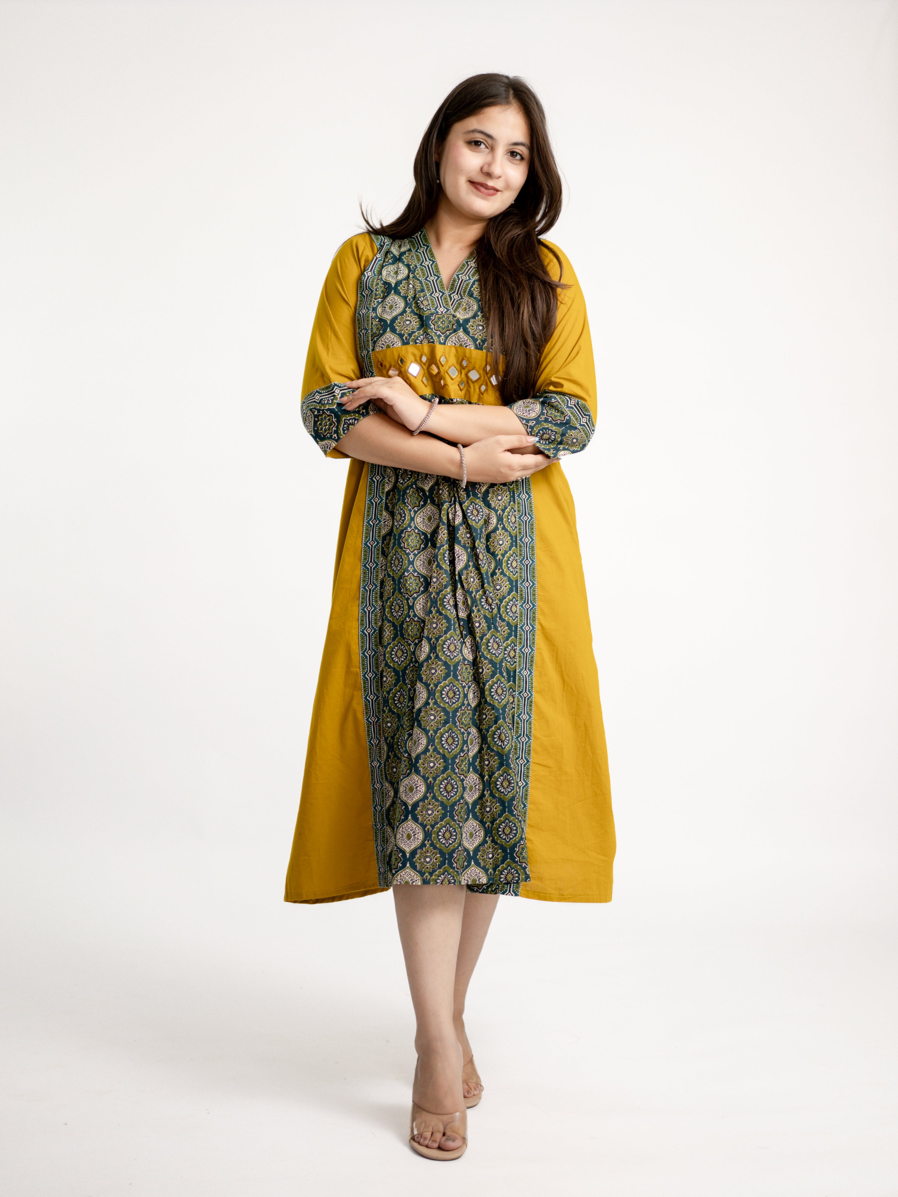 Diya Haldi Mustard Cotton Ajrakh Kutch Embroidered A-line Kurta