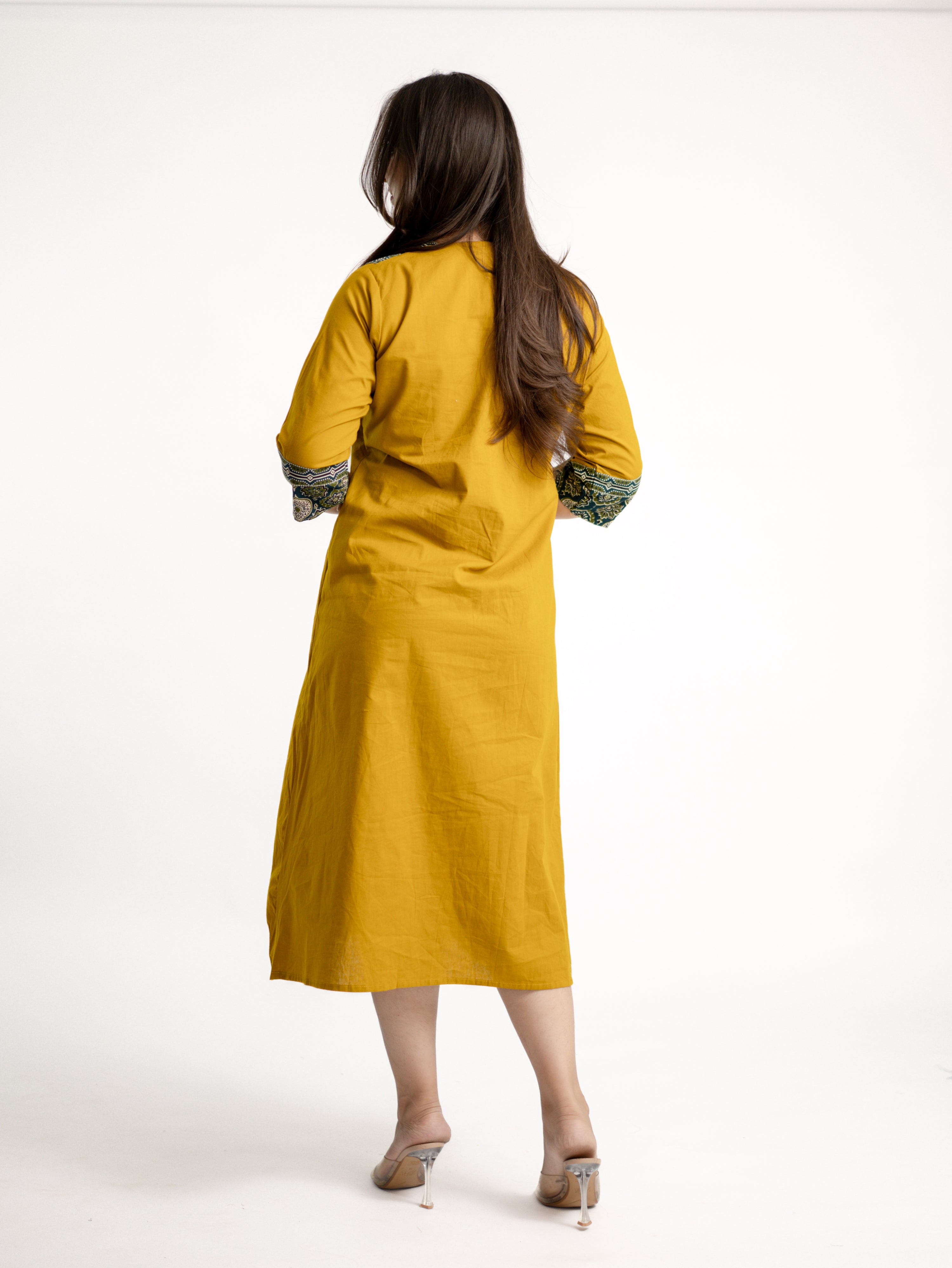 Diya Haldi Mustard Cotton Ajrakh Kutch Embroidered A-line Kurta
