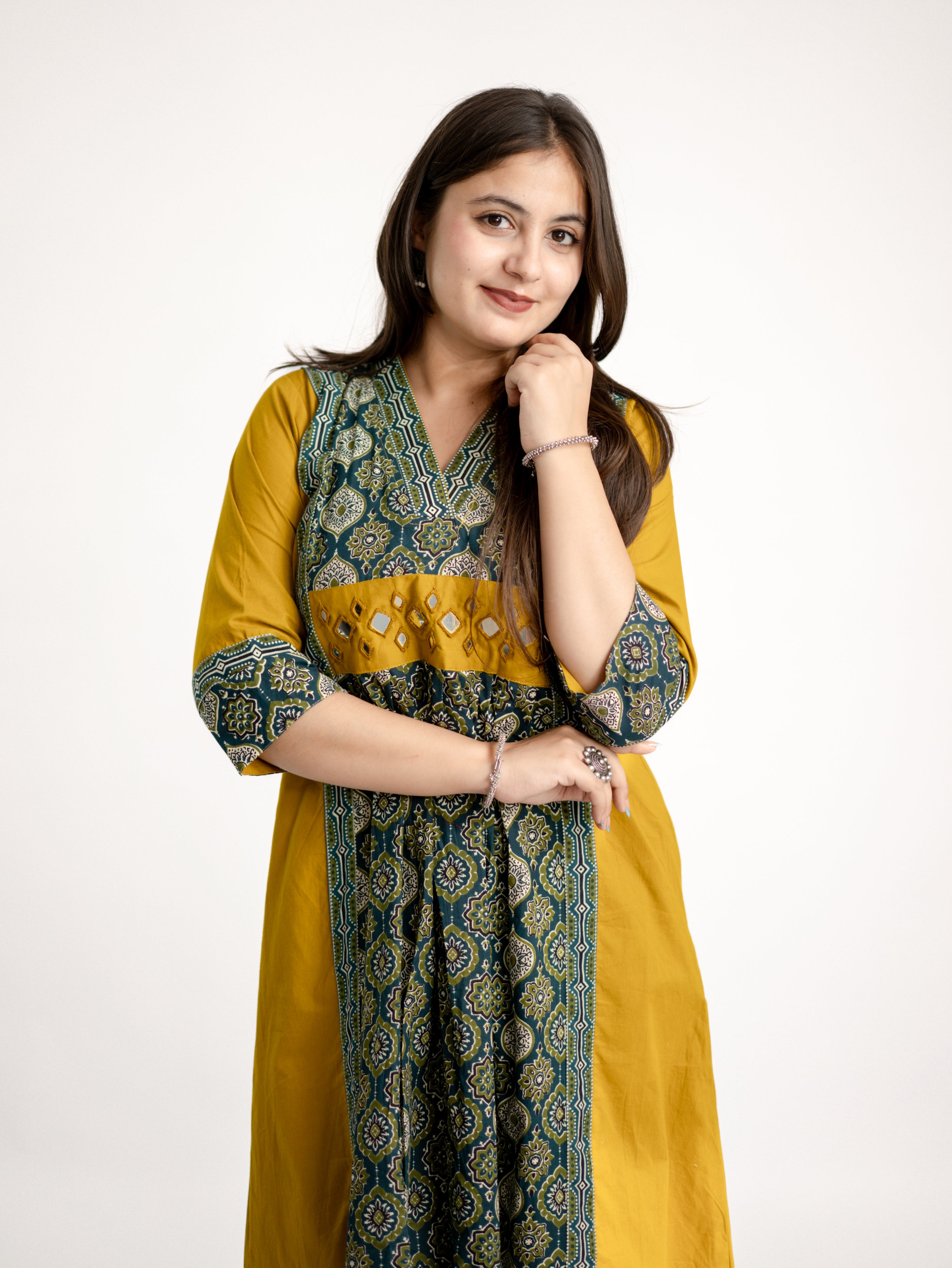 Diya Haldi Mustard Cotton Ajrakh Kutch Embroidered A-line Kurta