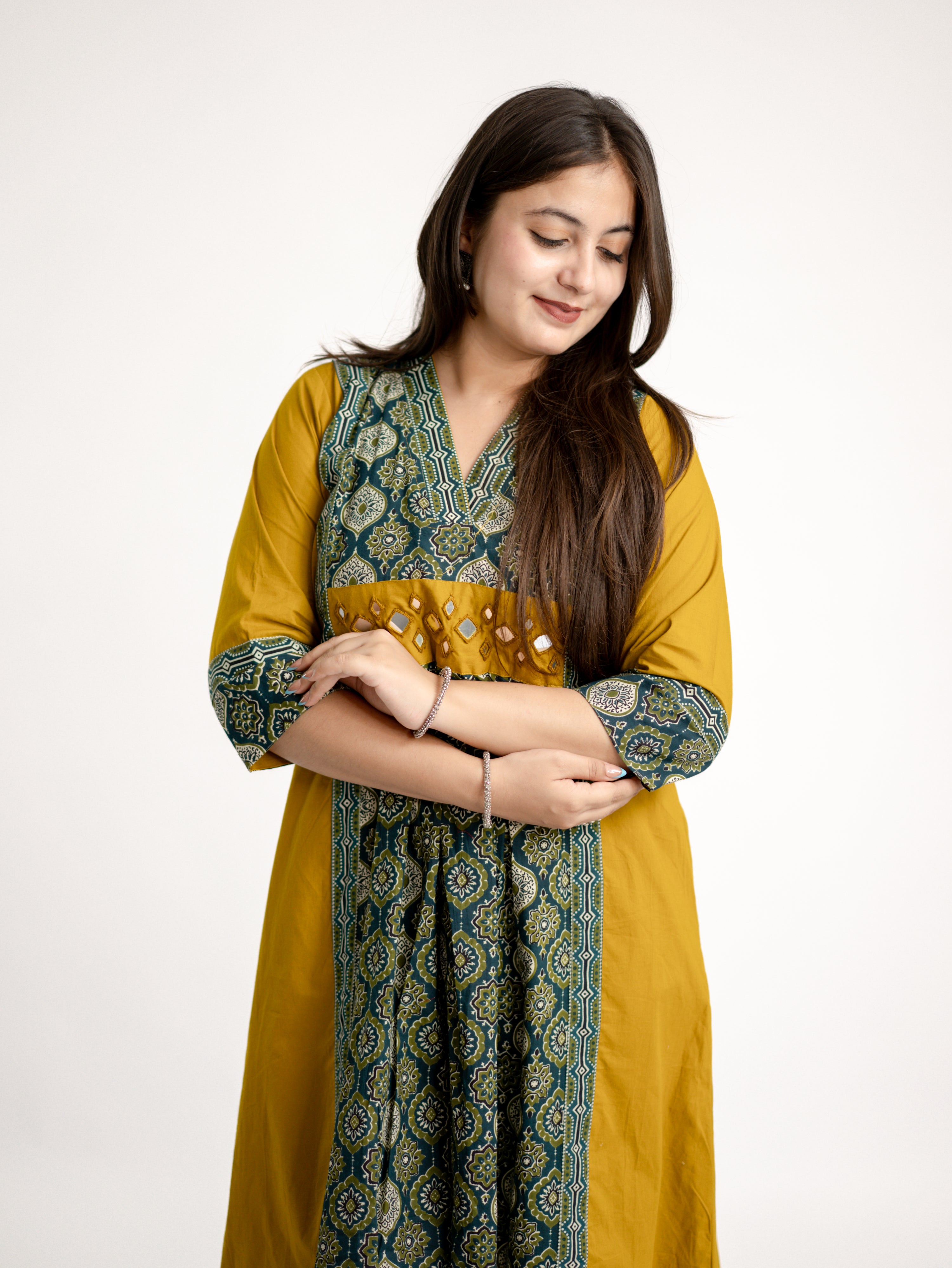 Diya Haldi Mustard Cotton Ajrakh Kutch Embroidered A-line Kurta