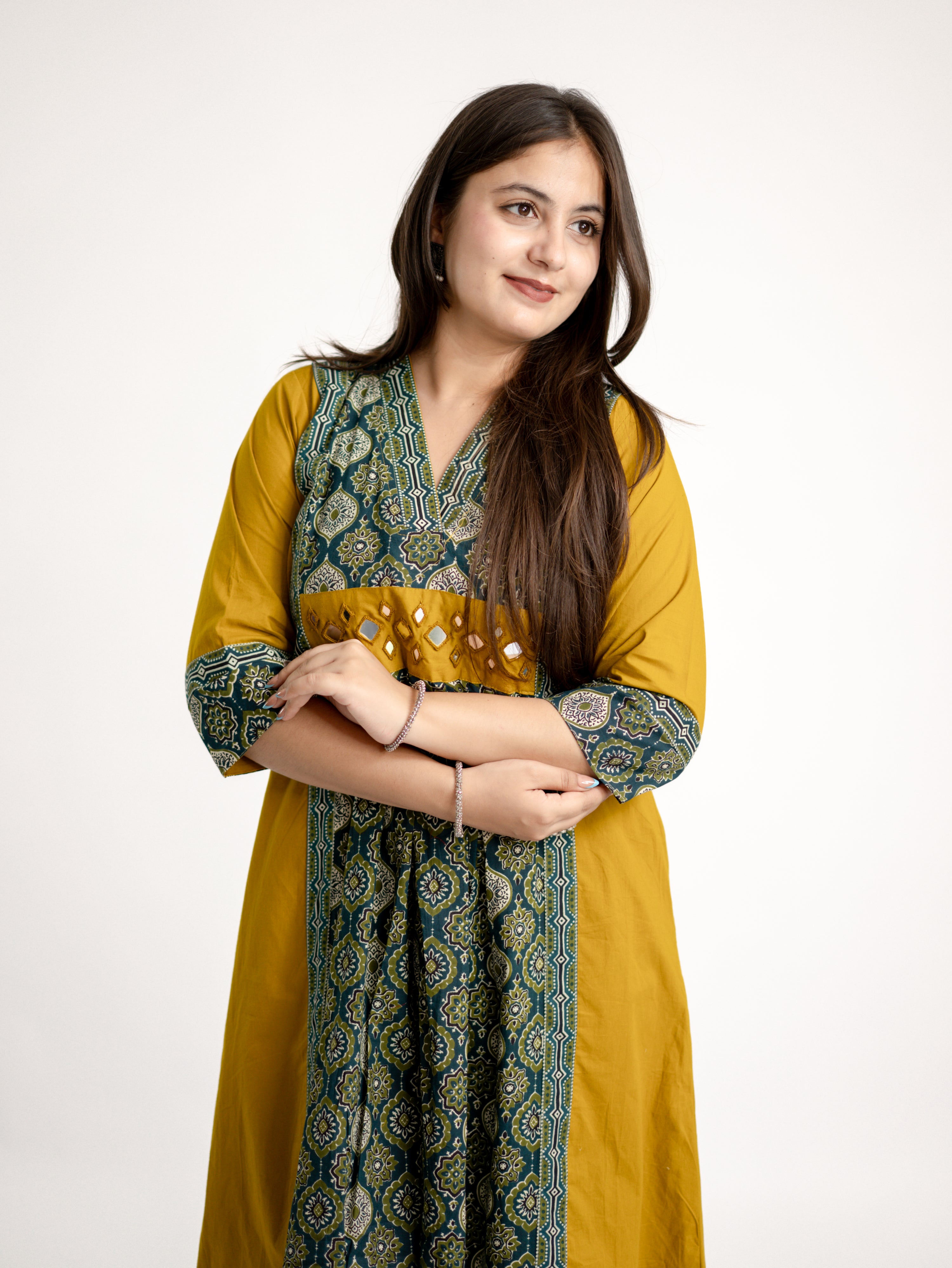 Diya Haldi Mustard Cotton Ajrakh Kutch Embroidered A-line Kurta