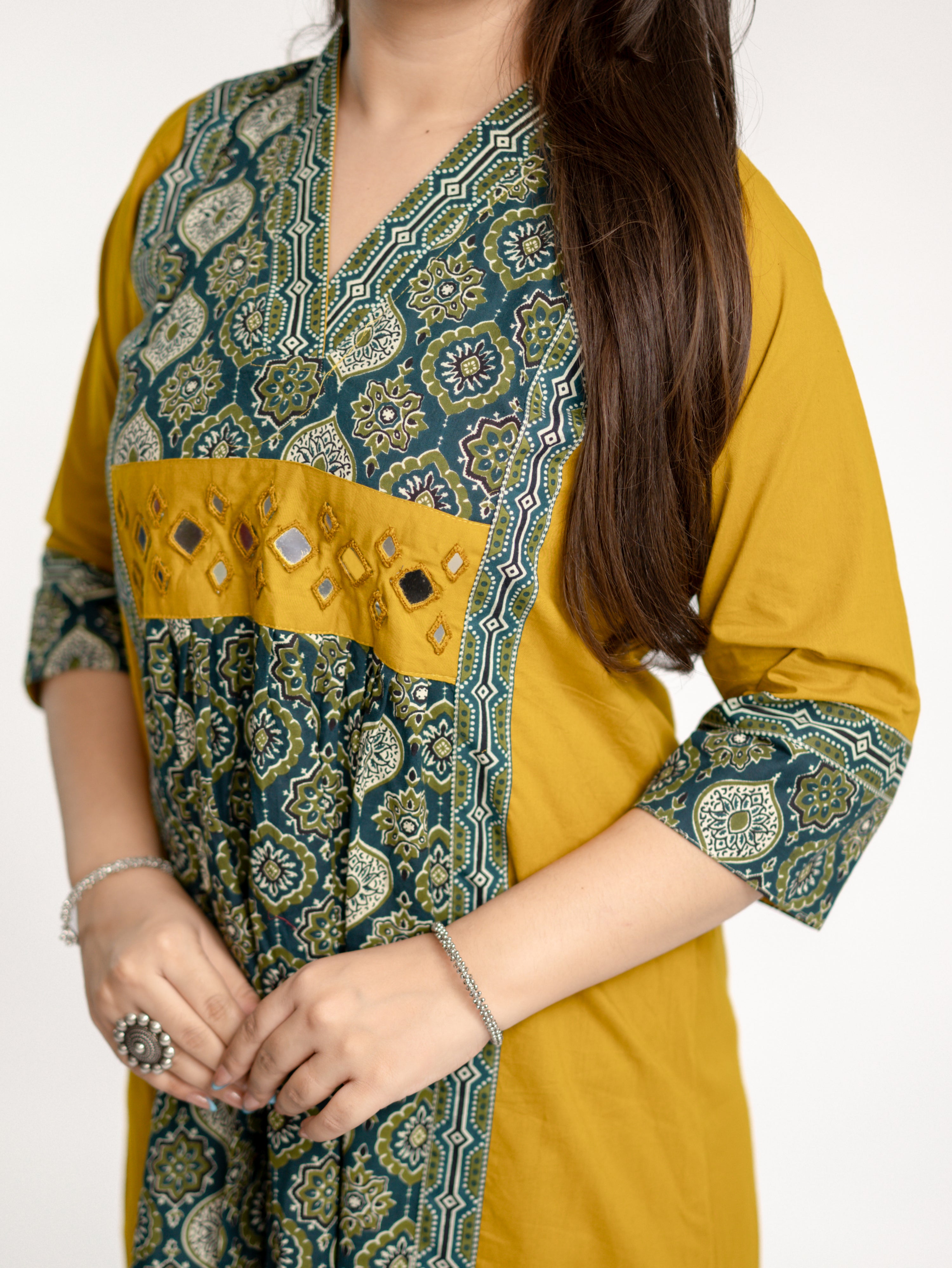 Diya Haldi Mustard Cotton Ajrakh Kutch Embroidered A-line Kurta