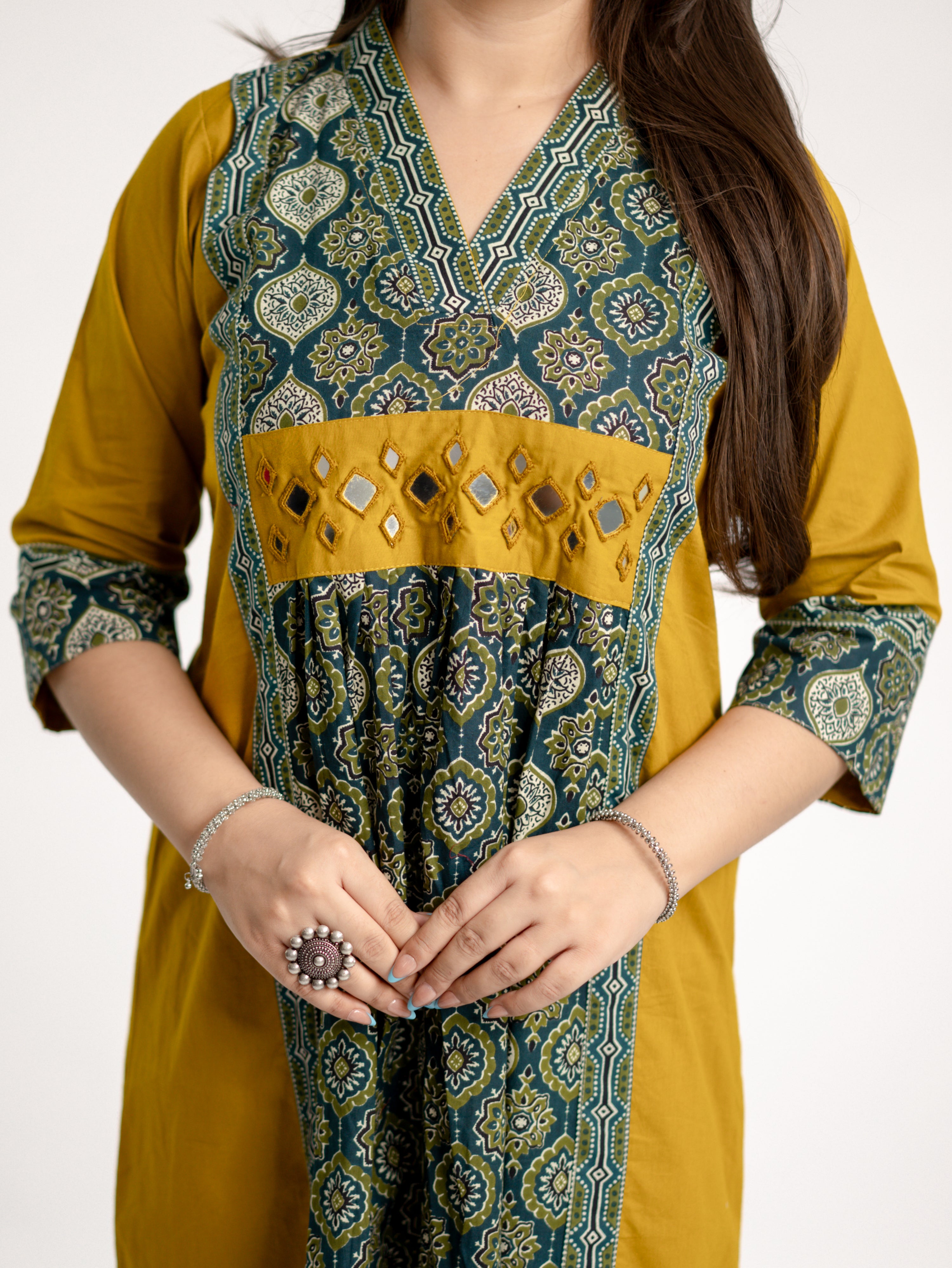 Diya Haldi Mustard Cotton Ajrakh Kutch Embroidered A-line Kurta