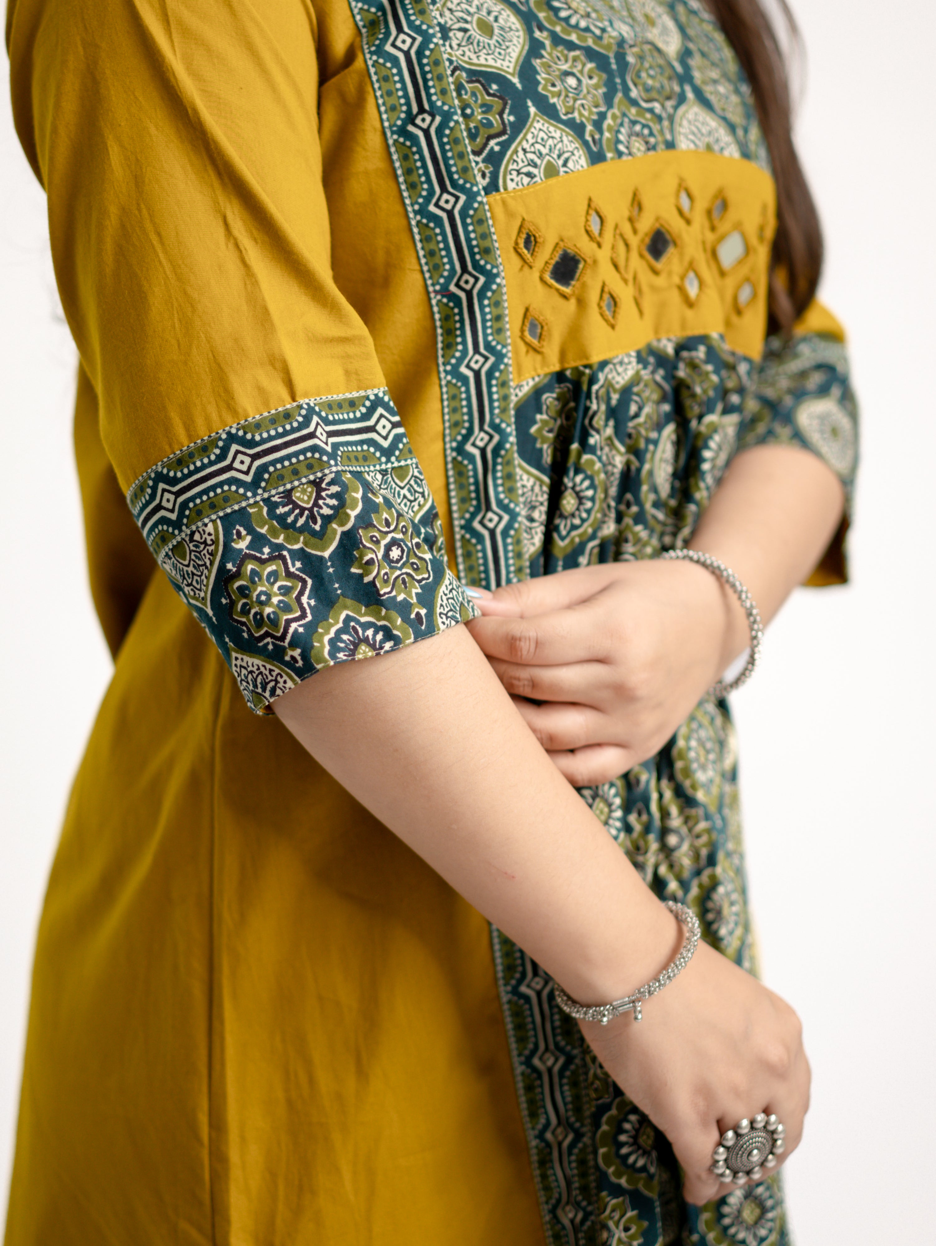 Diya Haldi Mustard Cotton Ajrakh Kutch Embroidered A-line Kurta