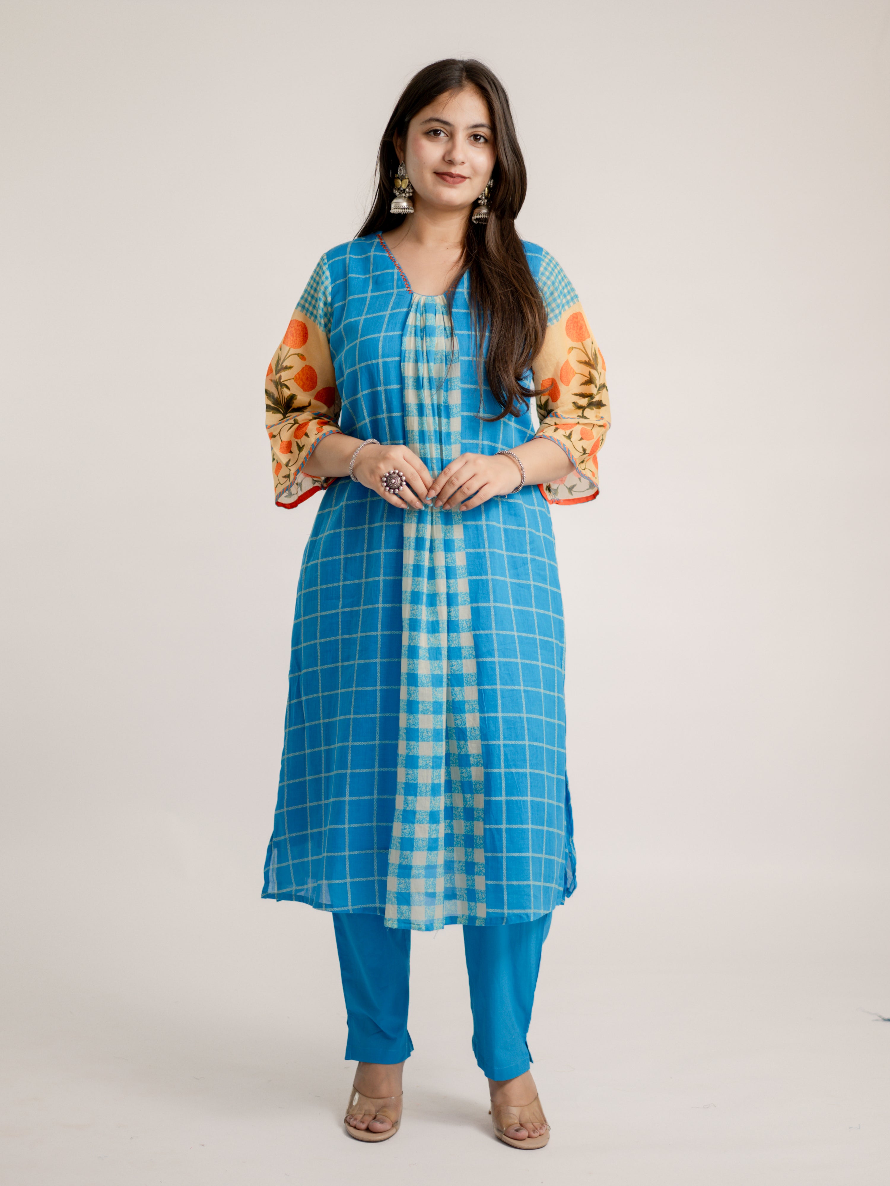Ridah Blue Mul Cotton Embroidered A-line Kurta Set