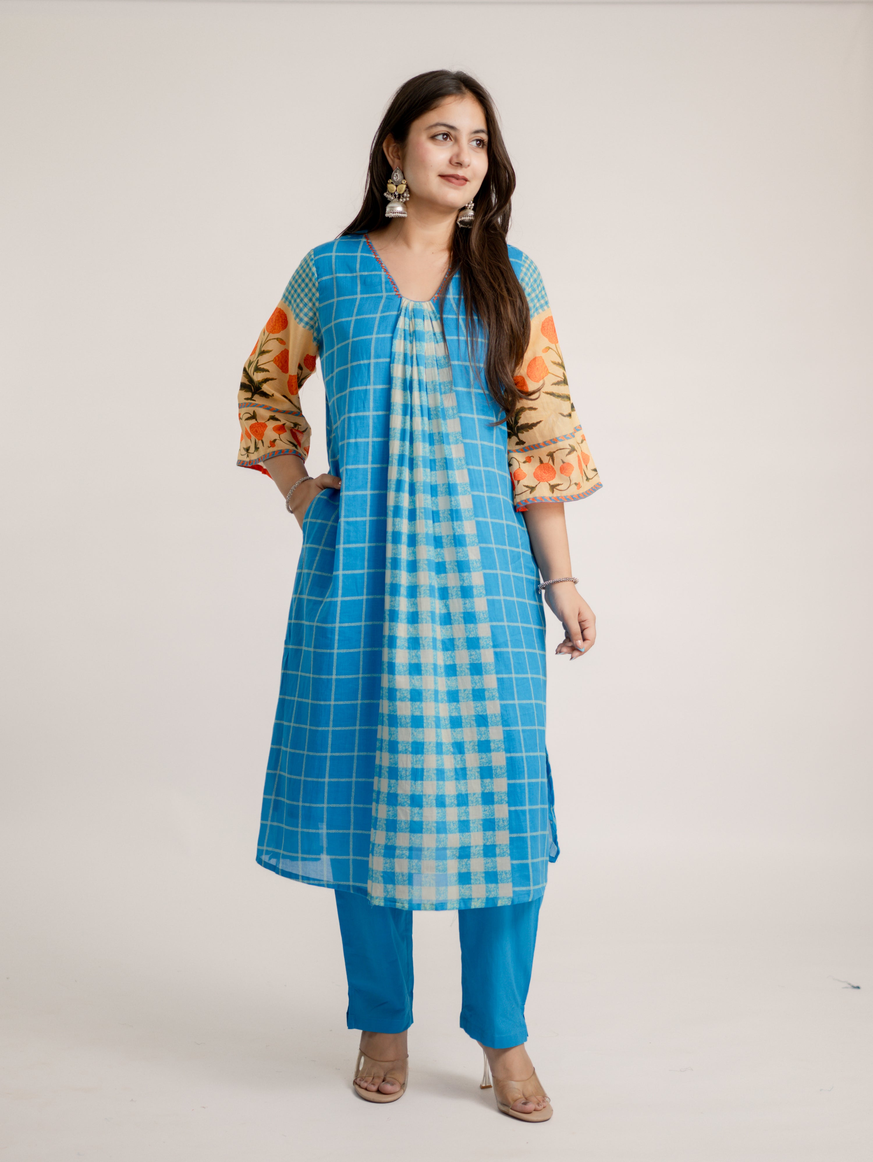 Ridah Blue Mul Cotton Embroidered A-line Kurta Set