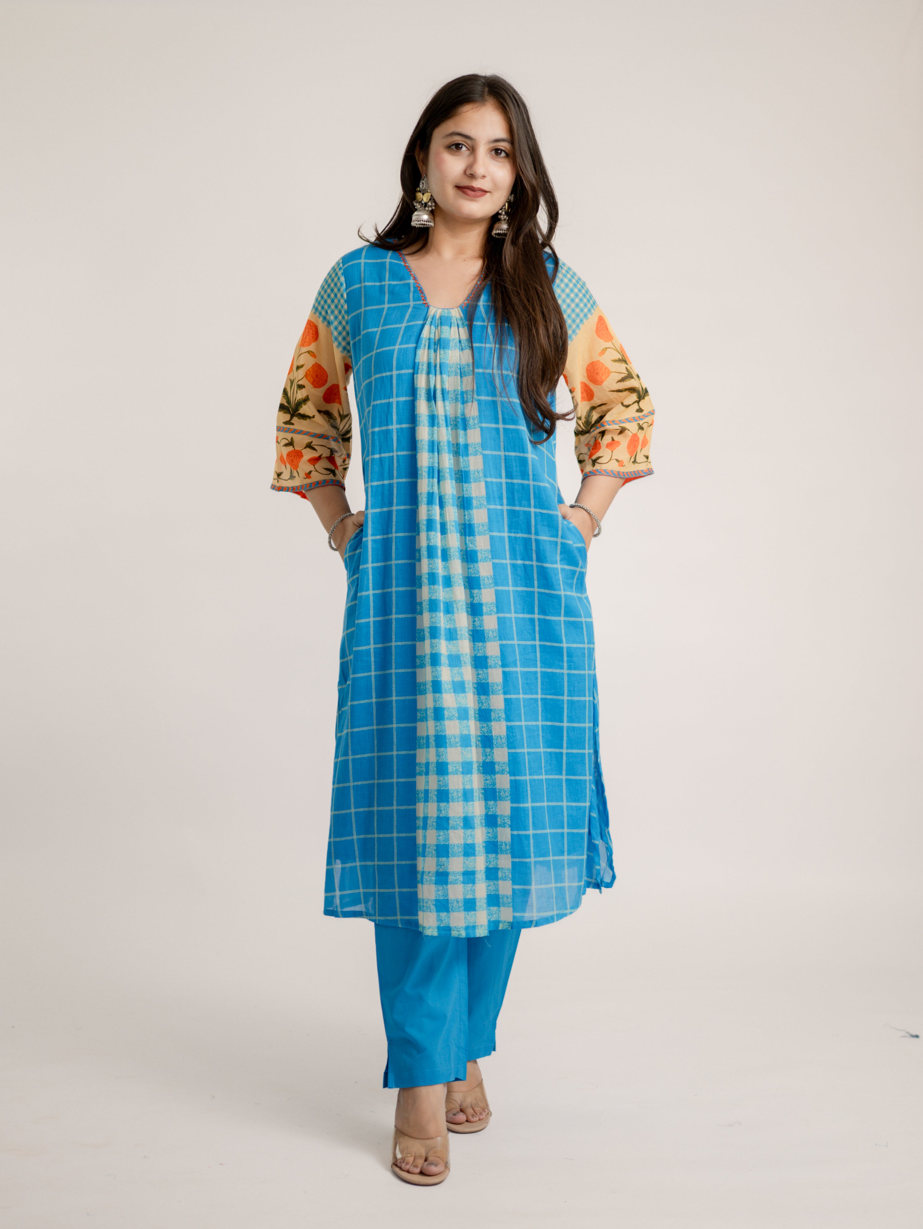 Ridah Blue Mul Cotton Embroidered A-line Kurta Set