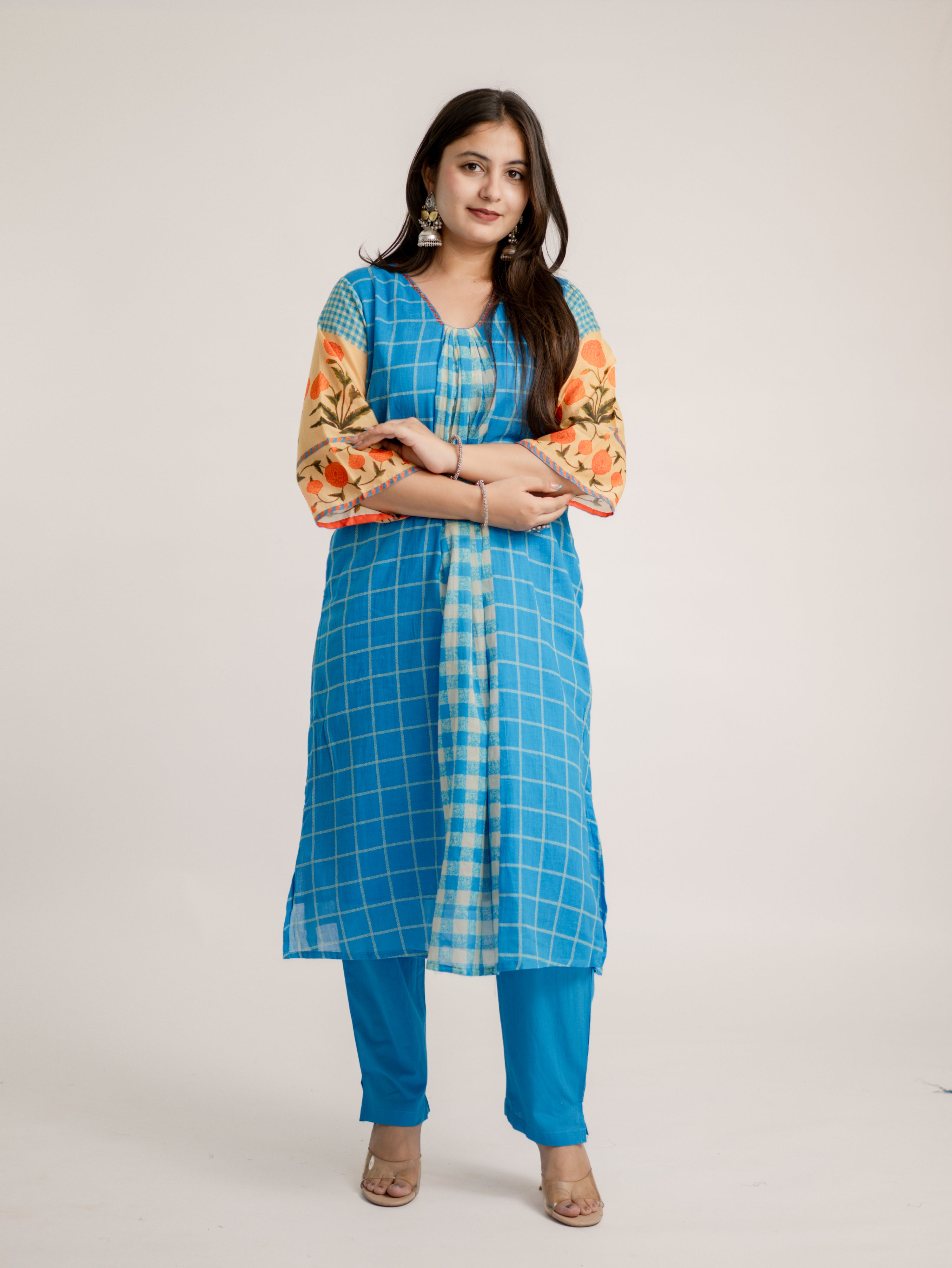 Ridah Blue Mul Cotton Embroidered A-line Kurta Set