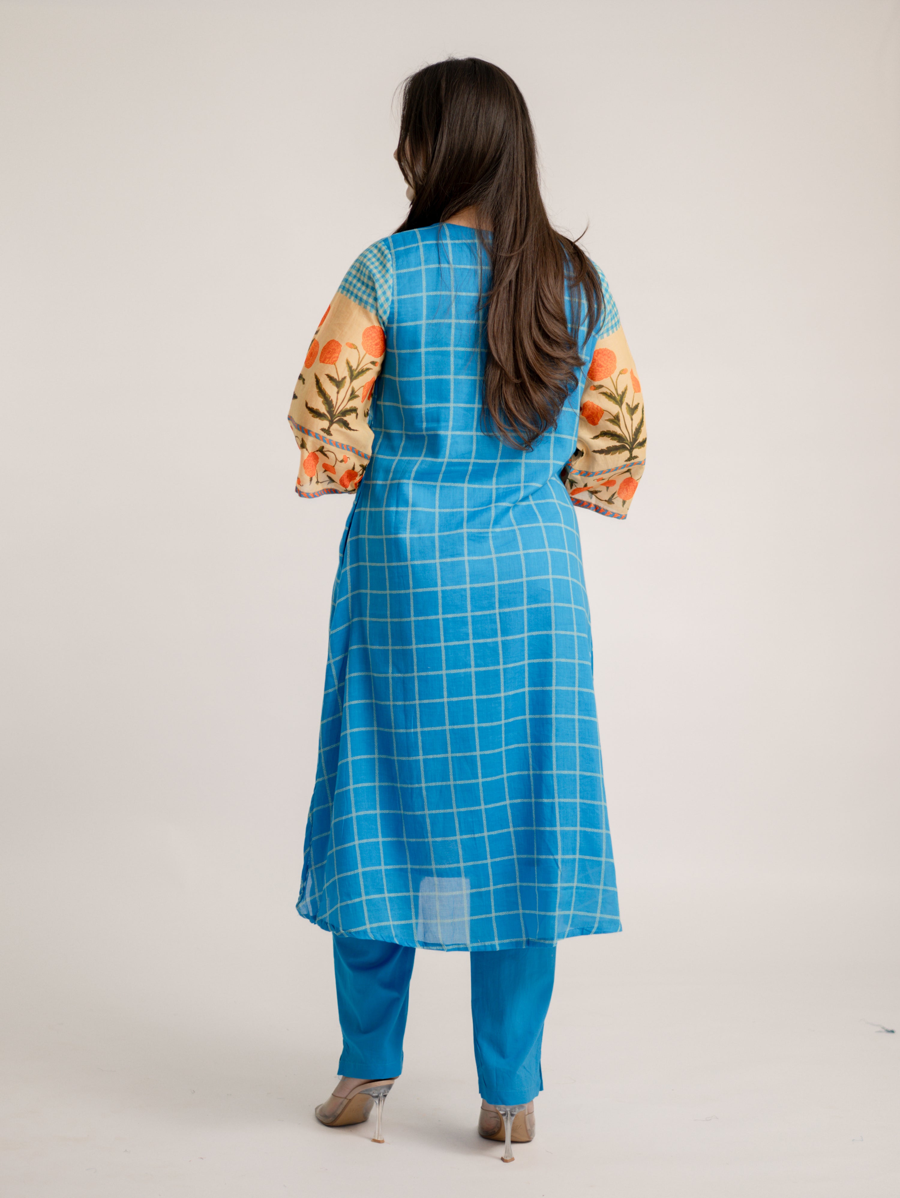Ridah Blue Mul Cotton Embroidered A-line Kurta Set