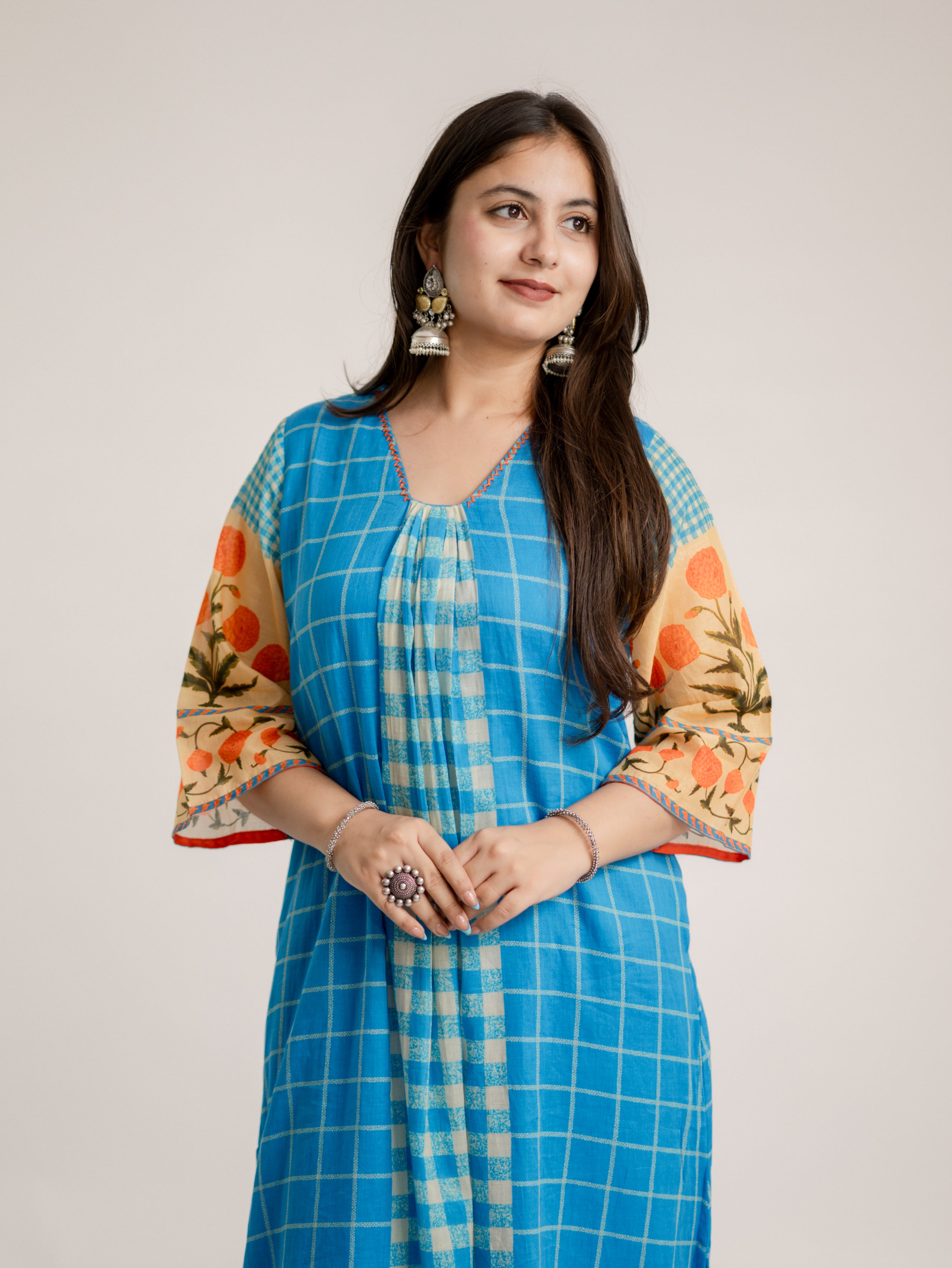 Ridah Blue Mul Cotton Embroidered A-line Kurta Set