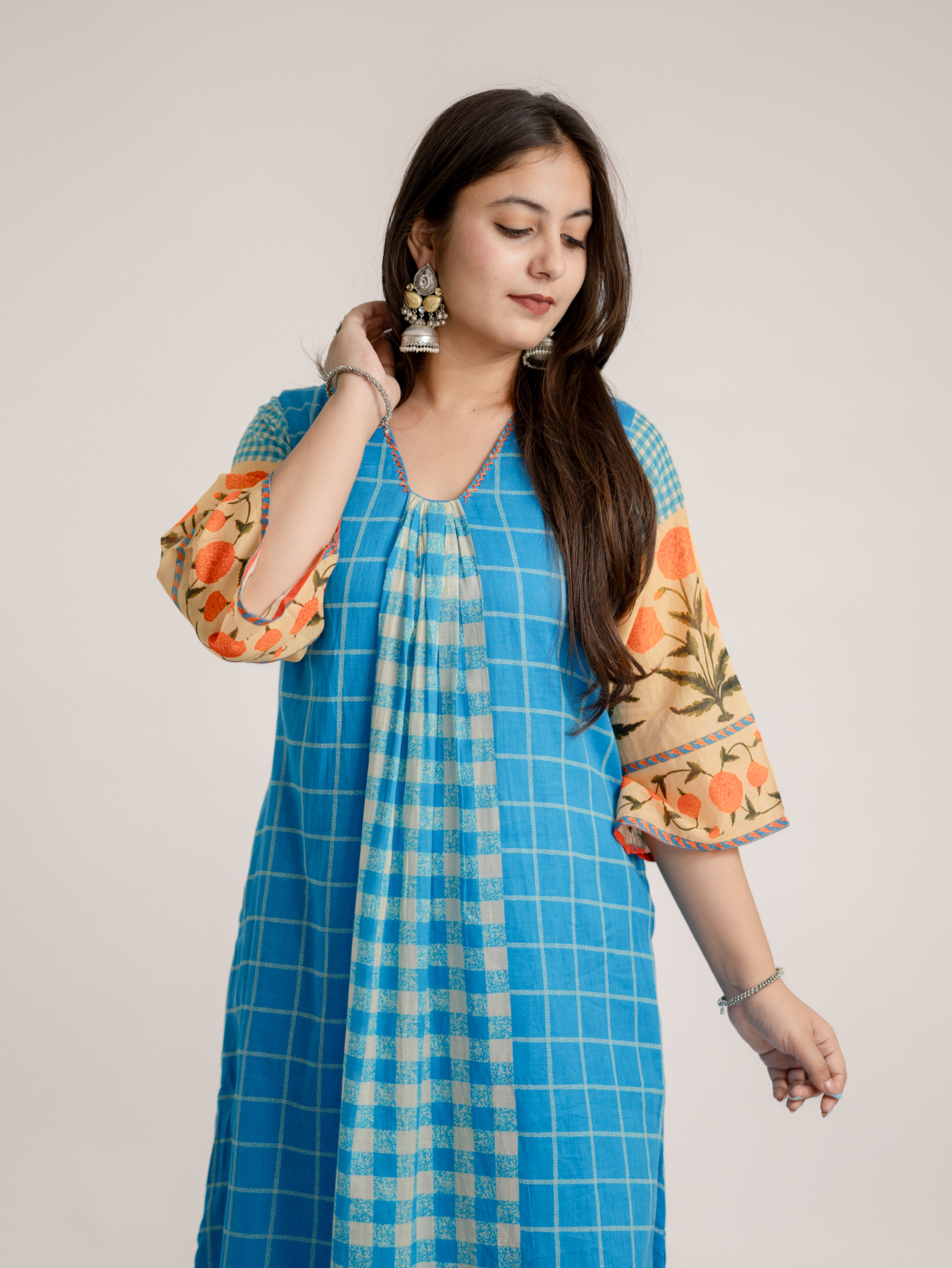 Ridah Blue Mul Cotton Embroidered A-line Kurta Set