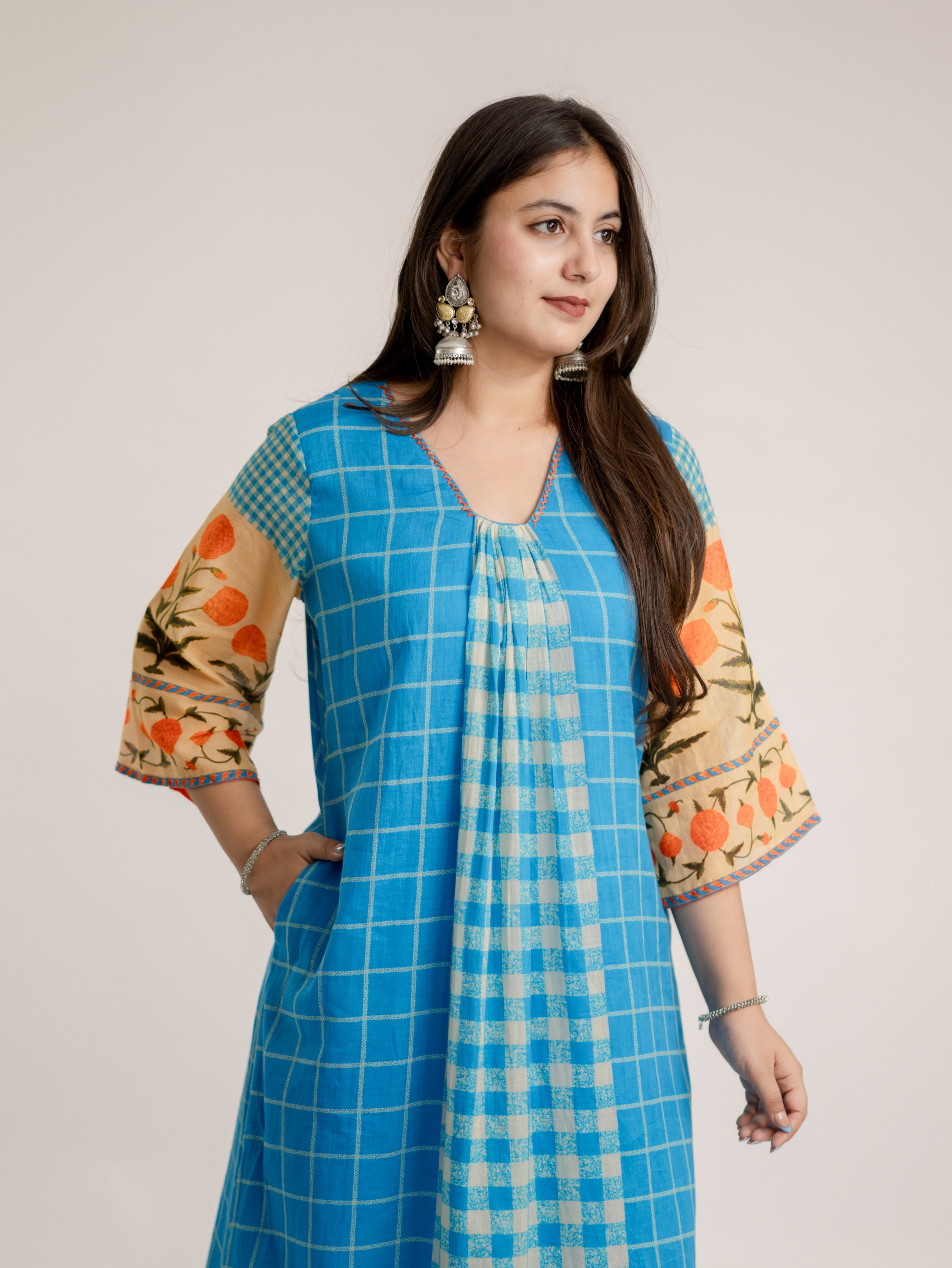 Ridah Blue Mul Cotton Embroidered A-line Kurta Set