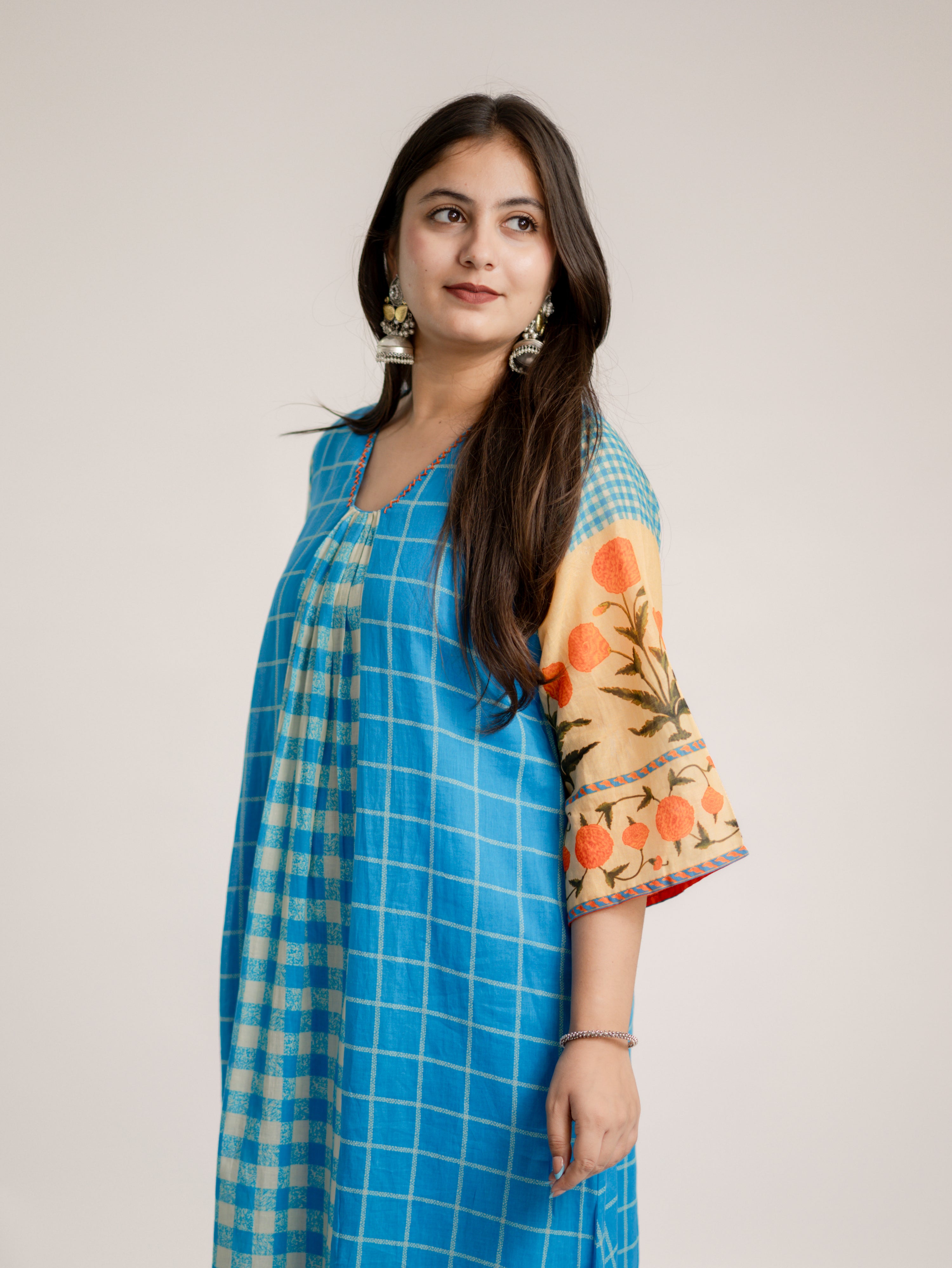 Ridah Blue Mul Cotton Embroidered A-line Kurta Set