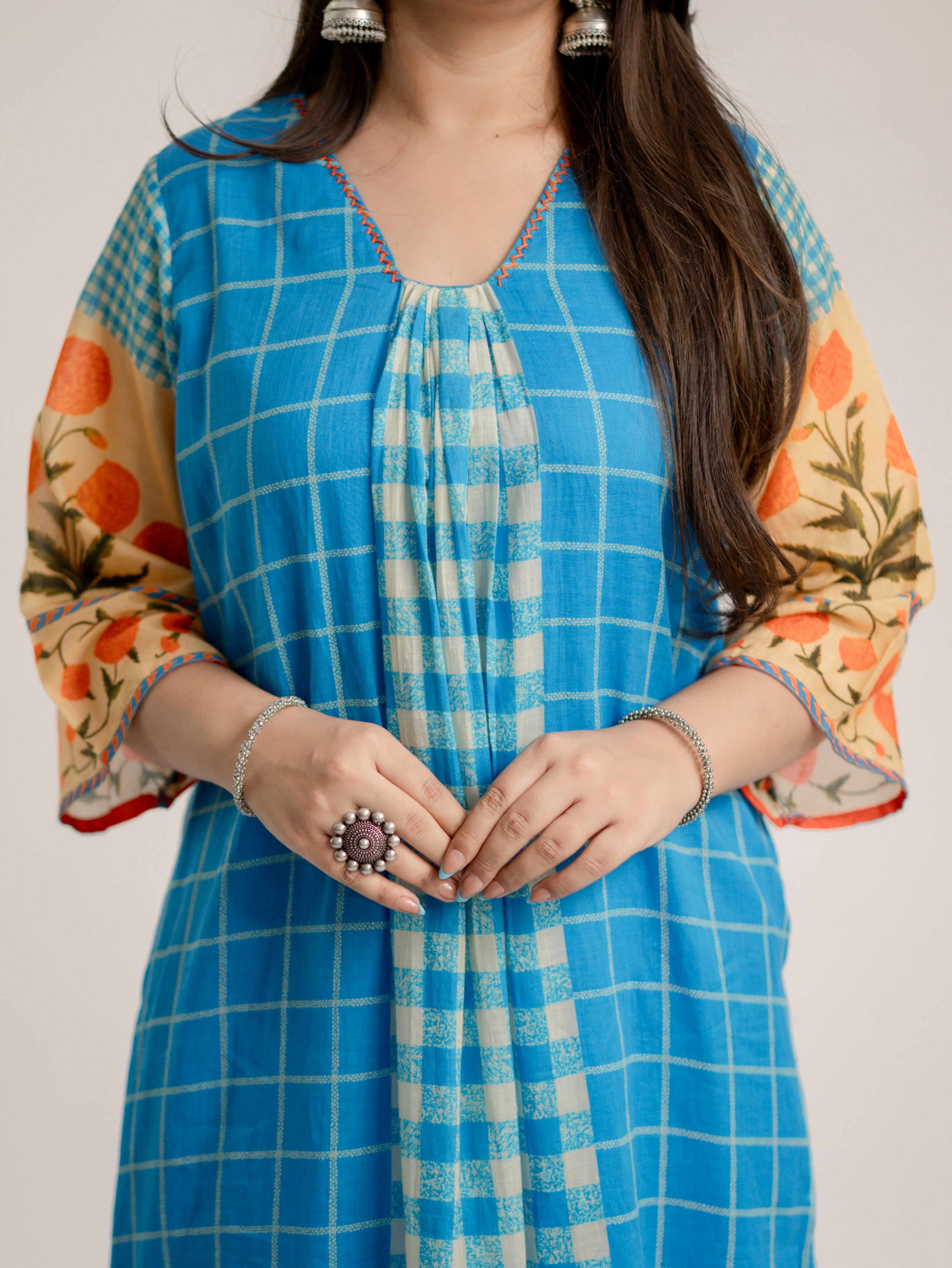 Ridah Blue Mul Cotton Embroidered A-line Kurta Set