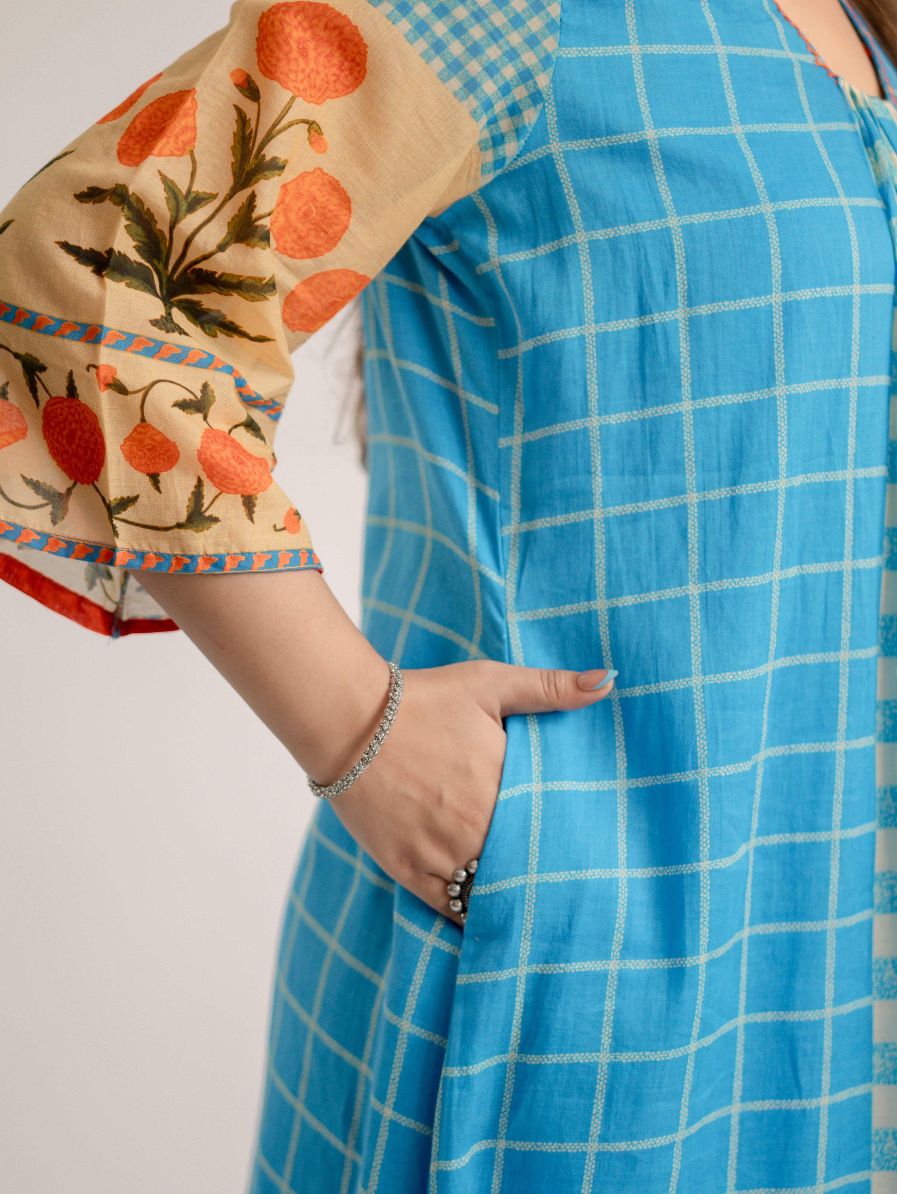 Ridah Blue Mul Cotton Embroidered A-line Kurta Set