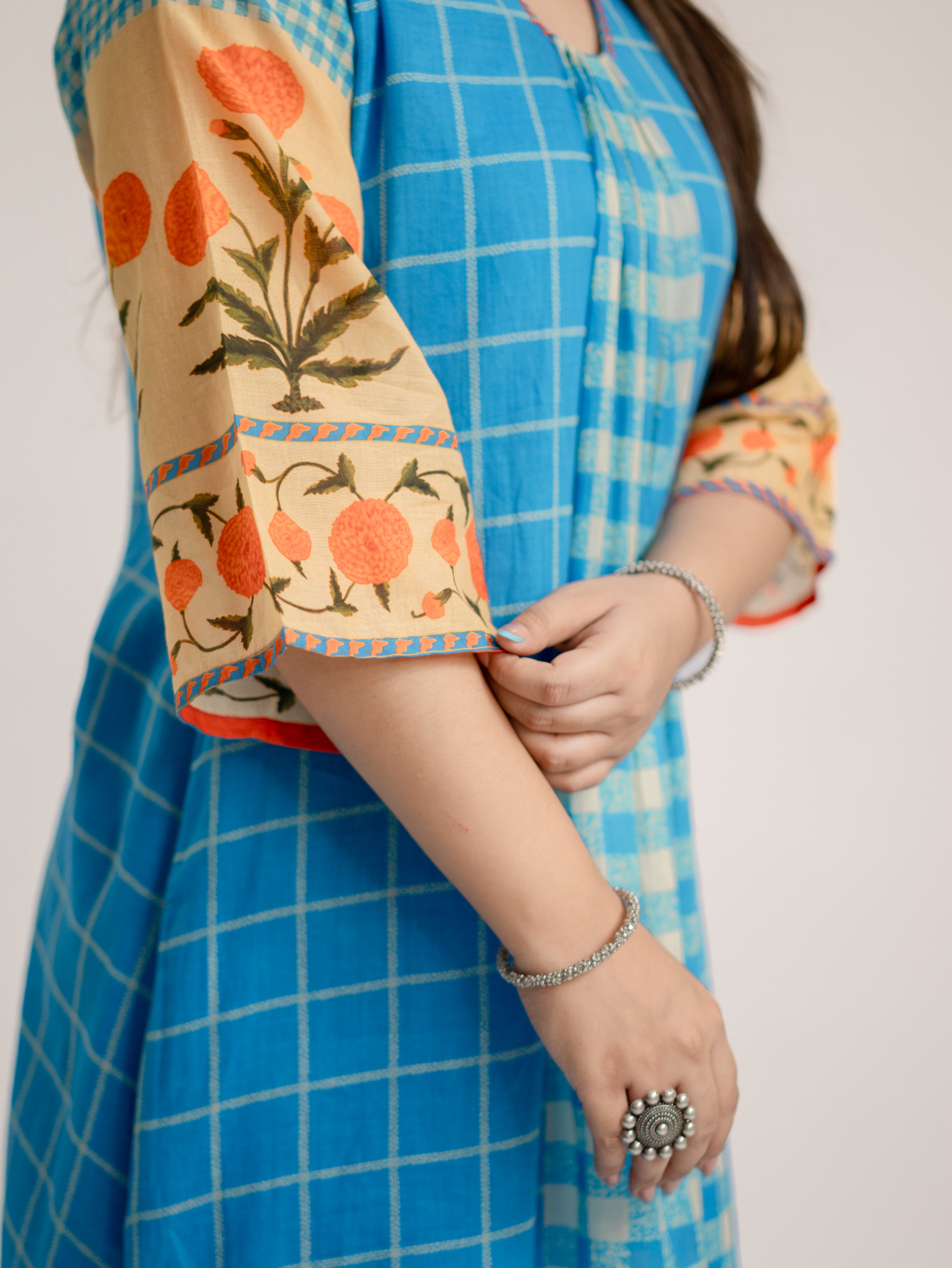 Ridah Blue Mul Cotton Embroidered A-line Kurta Set