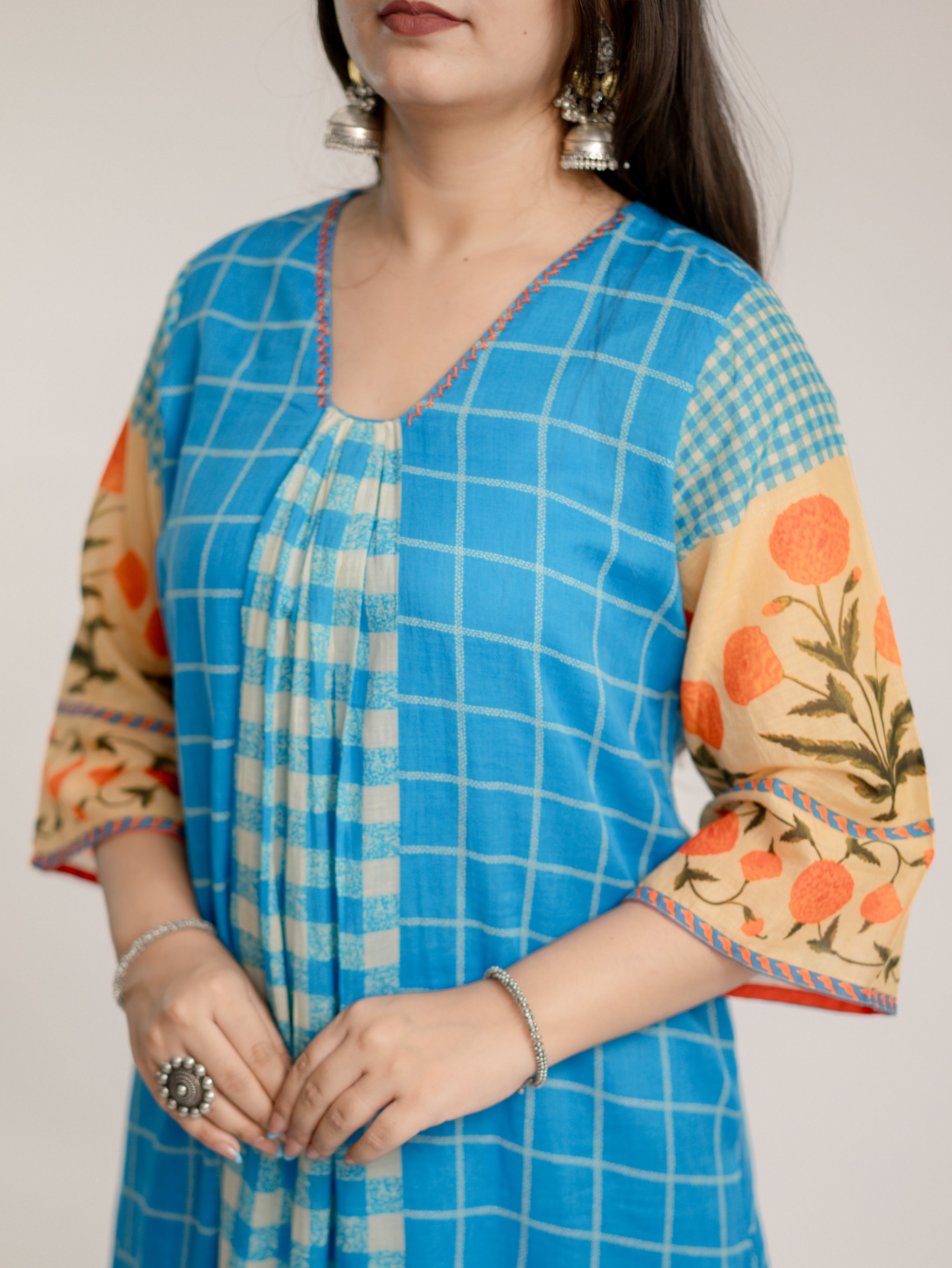 Ridah Blue Mul Cotton Embroidered A-line Kurta Set