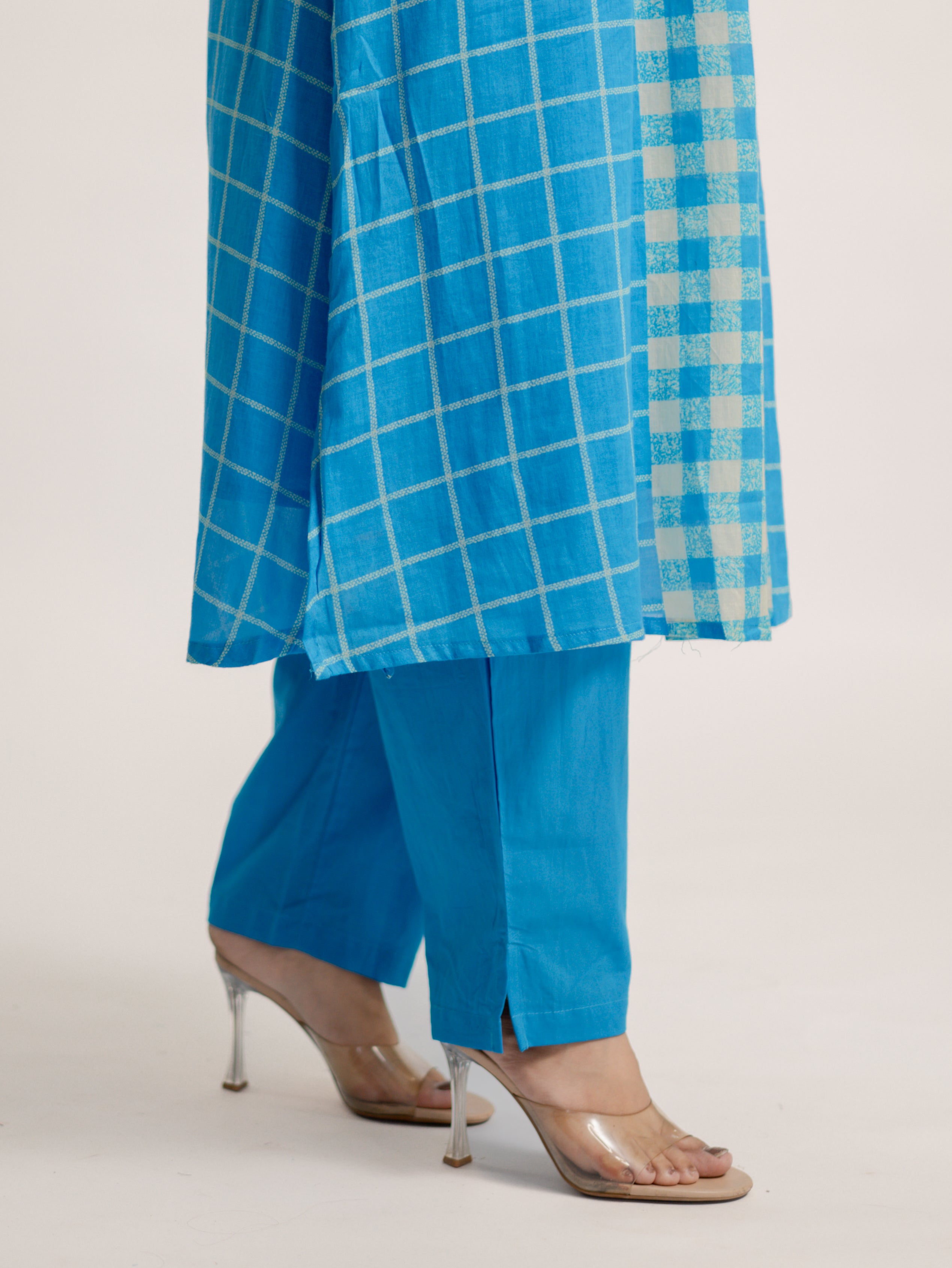 Ridah Blue Mul Cotton Embroidered A-line Kurta Set