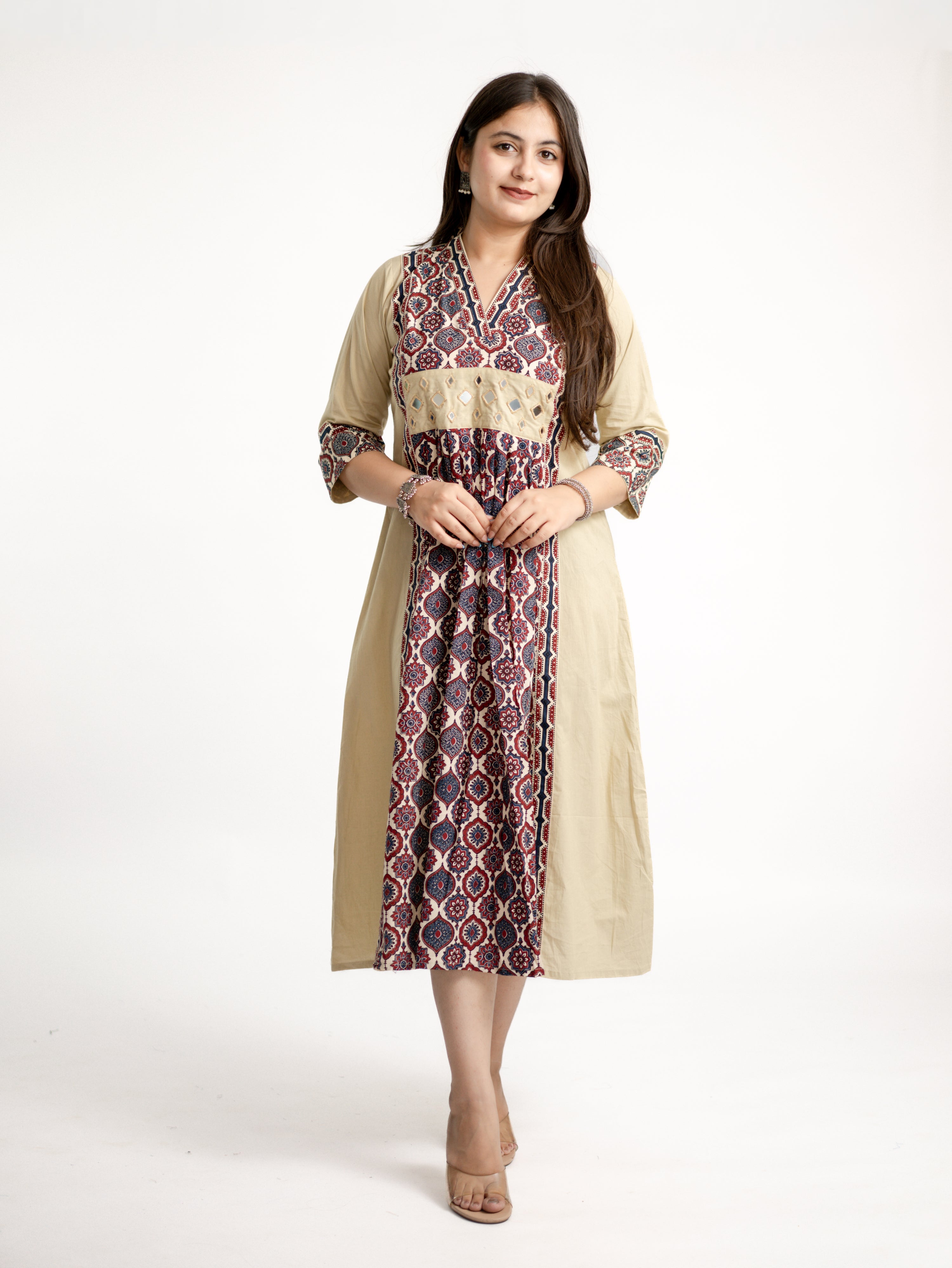 Diya Sand Beige Cotton Ajrakh Kutch Embroidered A-line Kurta