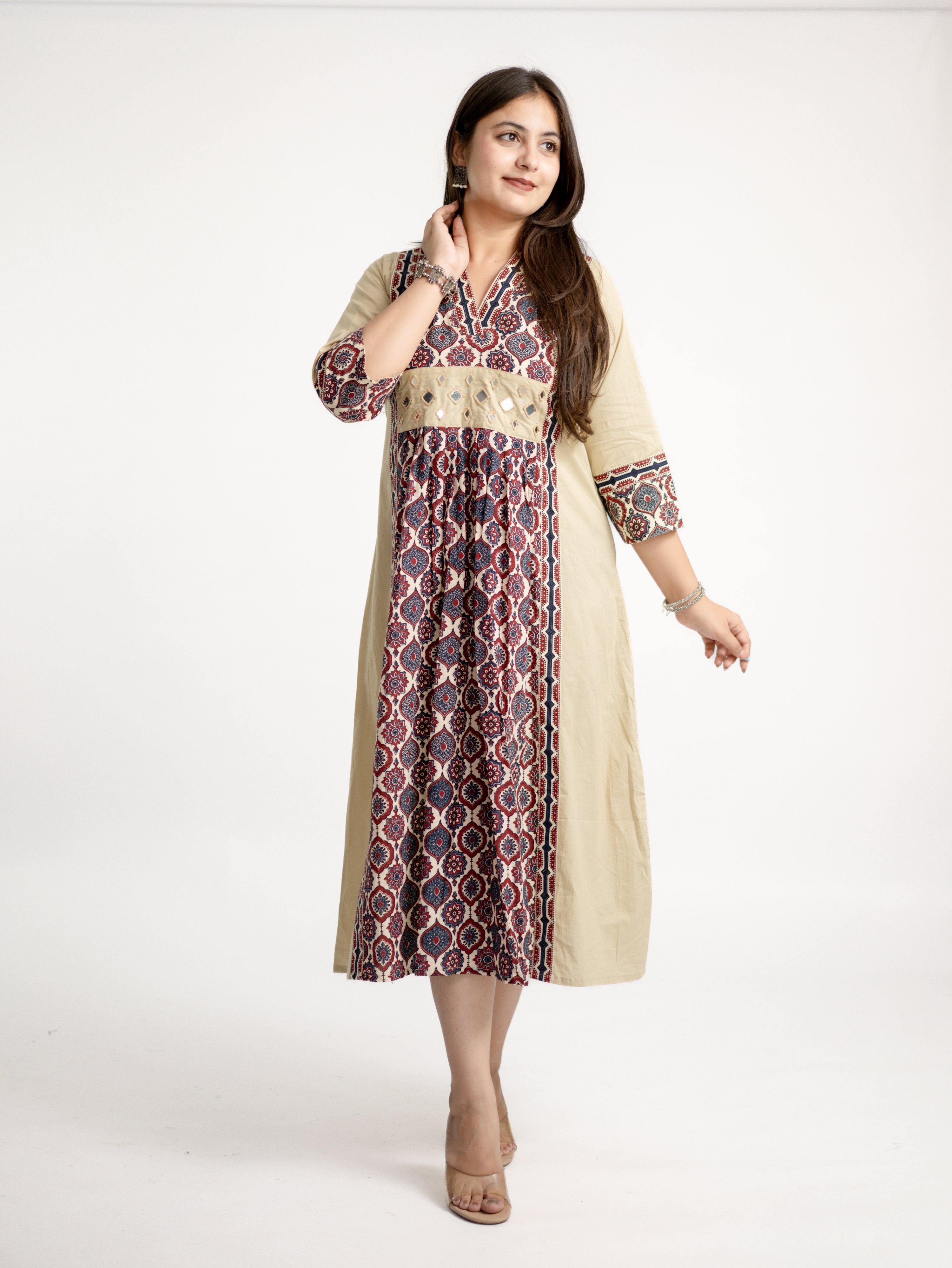 Diya Sand Beige Cotton Ajrakh Kutch Embroidered A-line Kurta