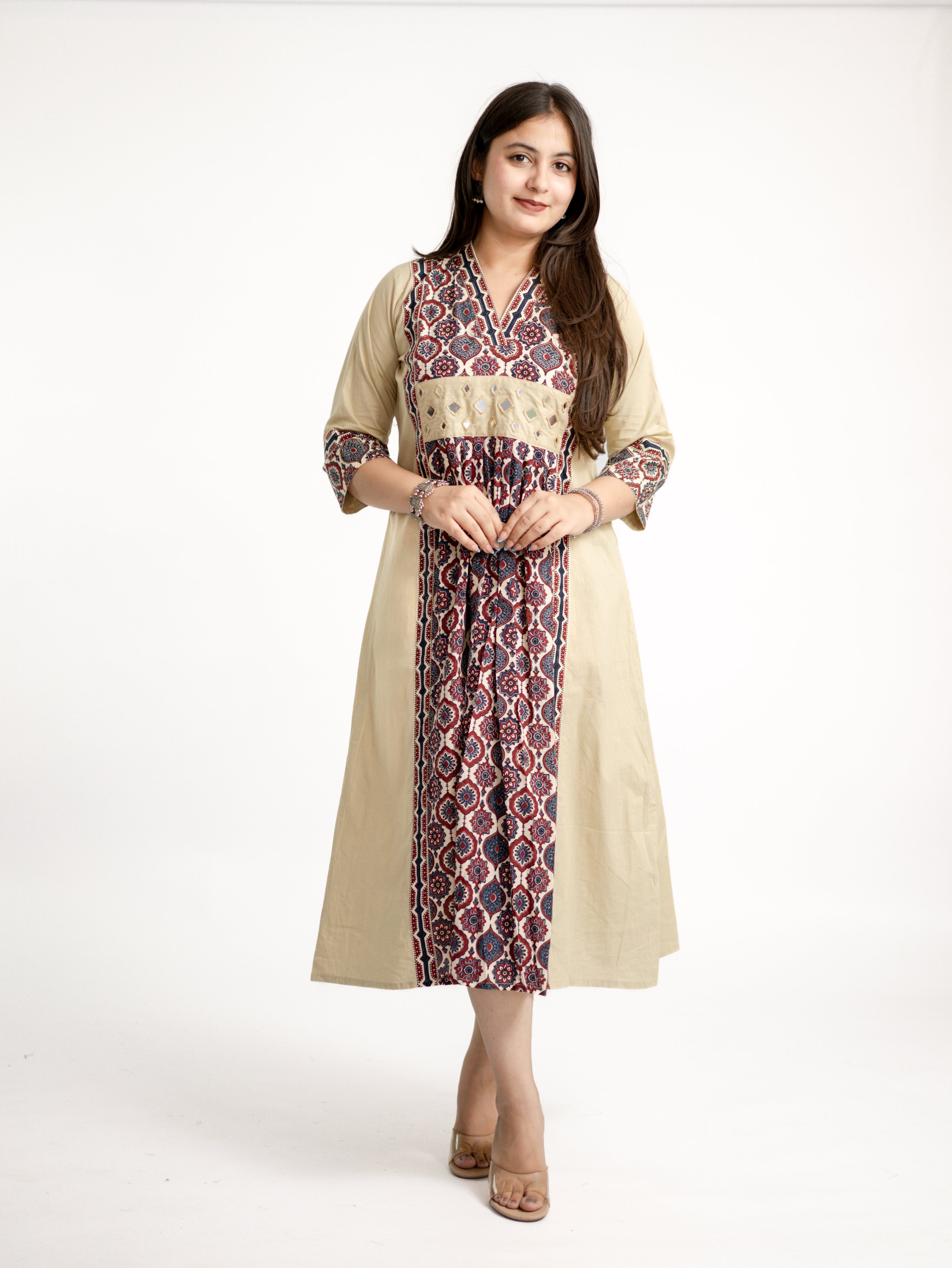 Diya Sand Beige Cotton Ajrakh Kutch Embroidered A-line Kurta