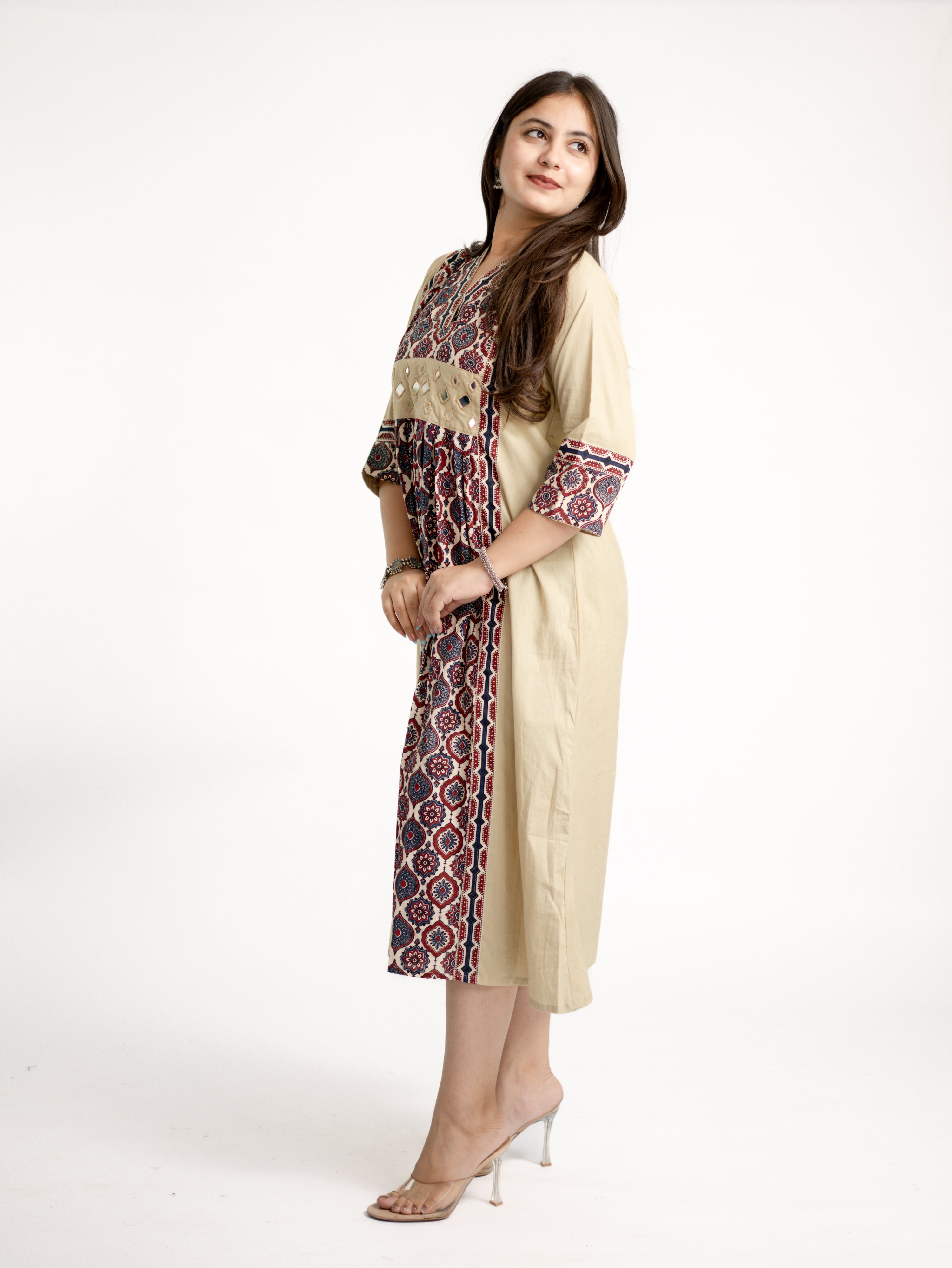 Diya Sand Beige Cotton Ajrakh Kutch Embroidered A-line Kurta