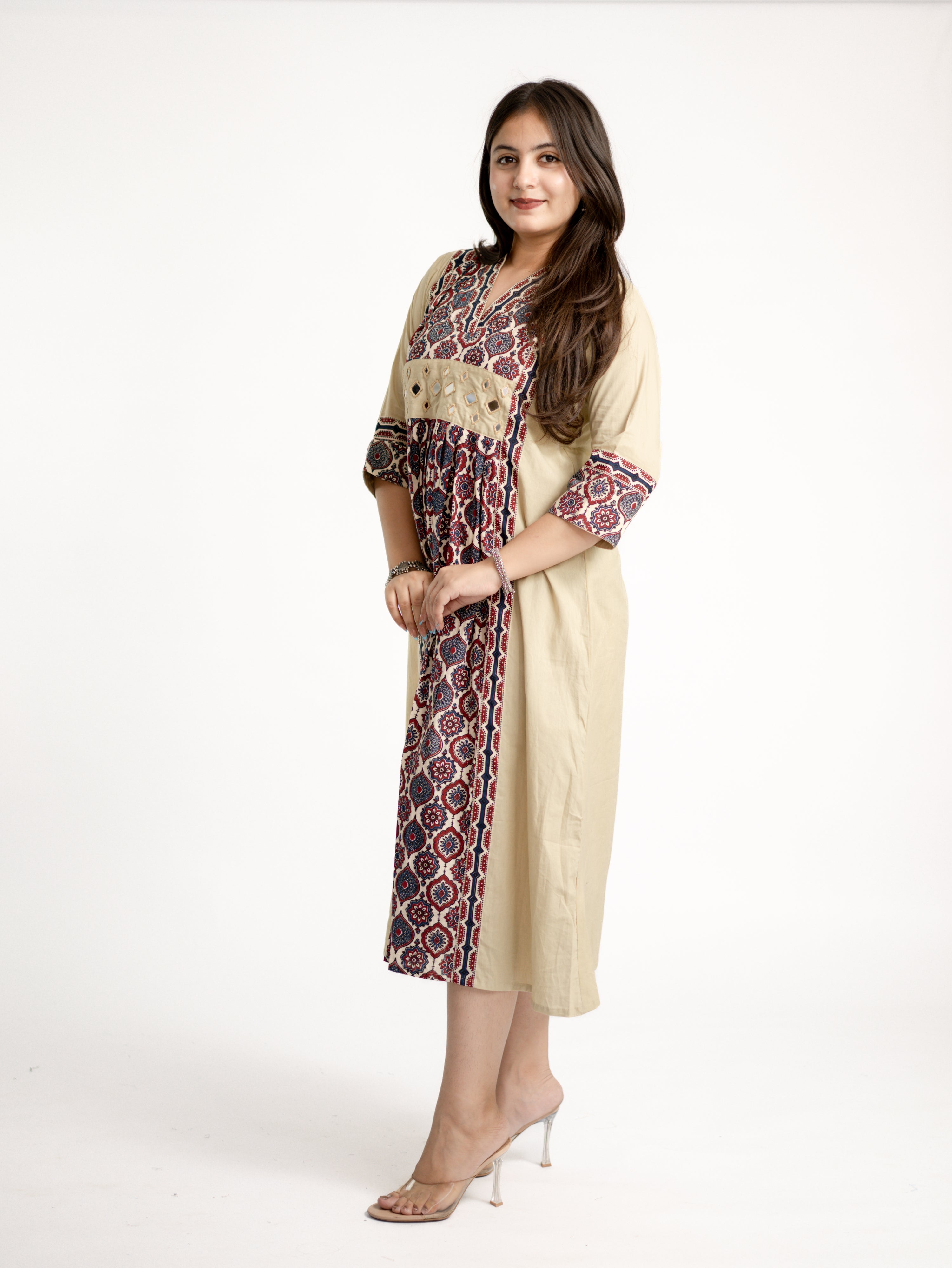 Diya Sand Beige Cotton Ajrakh Kutch Embroidered A-line Kurta