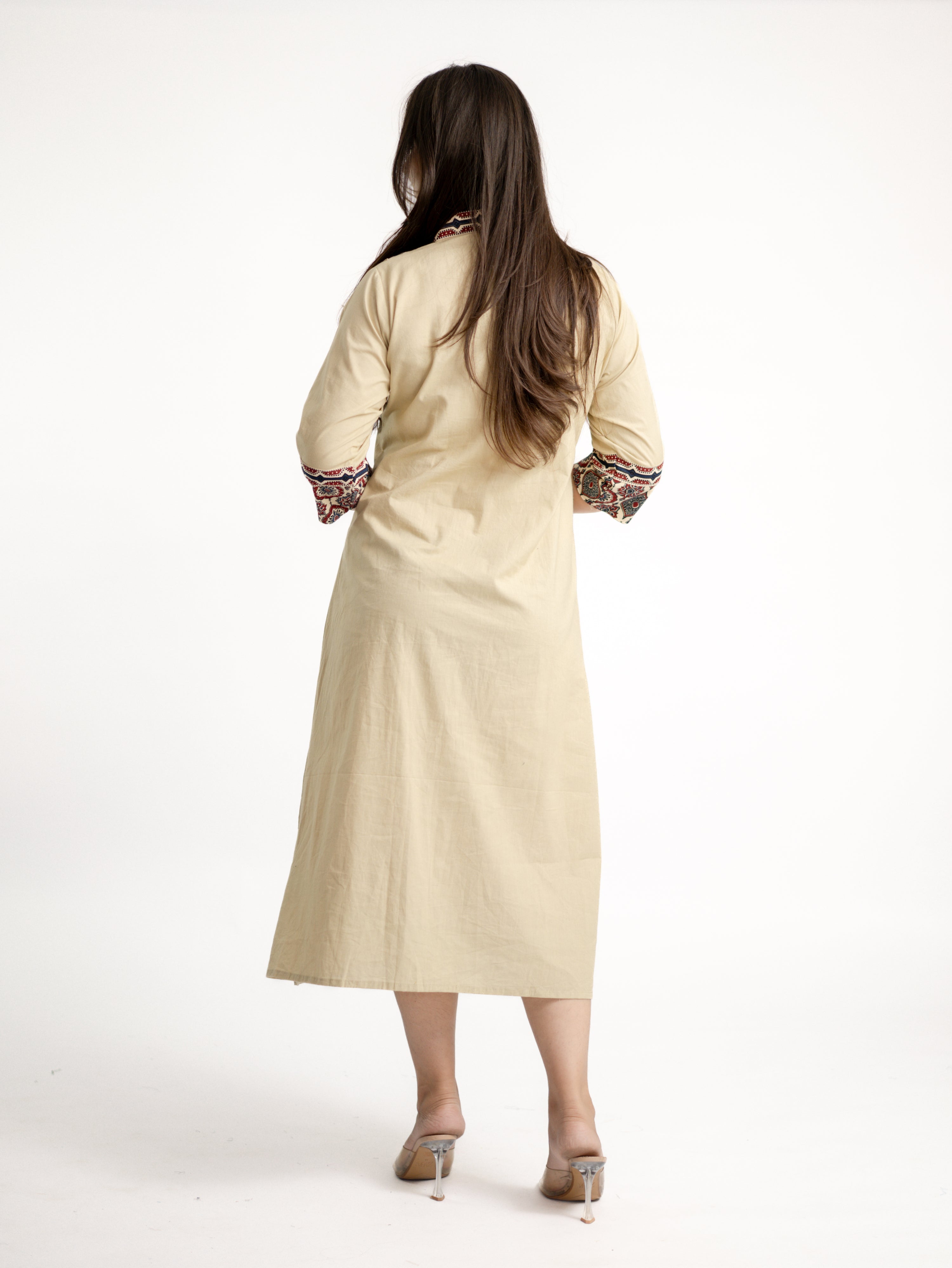 Diya Sand Beige Cotton Ajrakh Kutch Embroidered A-line Kurta