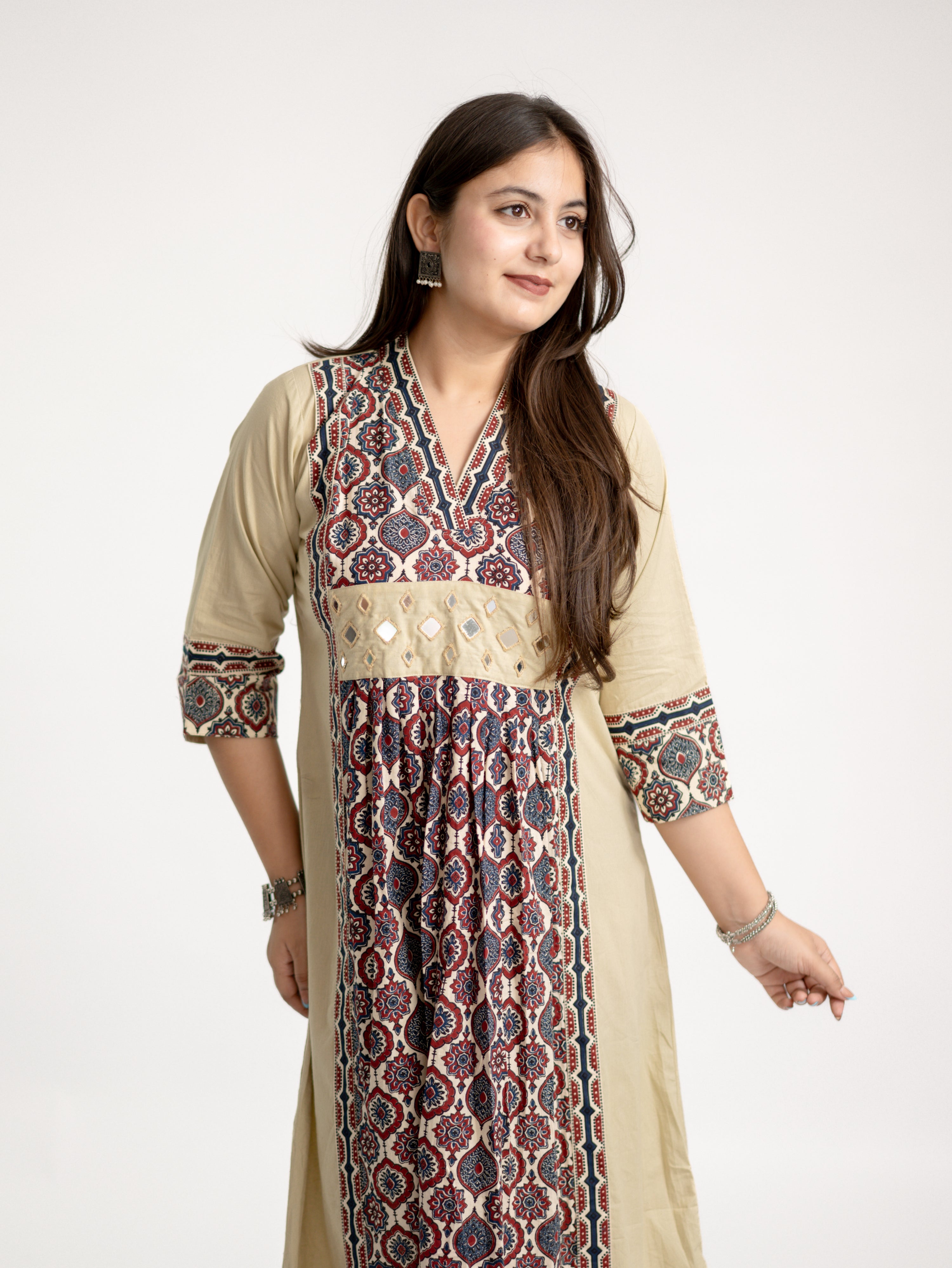 Diya Sand Beige Cotton Ajrakh Kutch Embroidered A-line Kurta