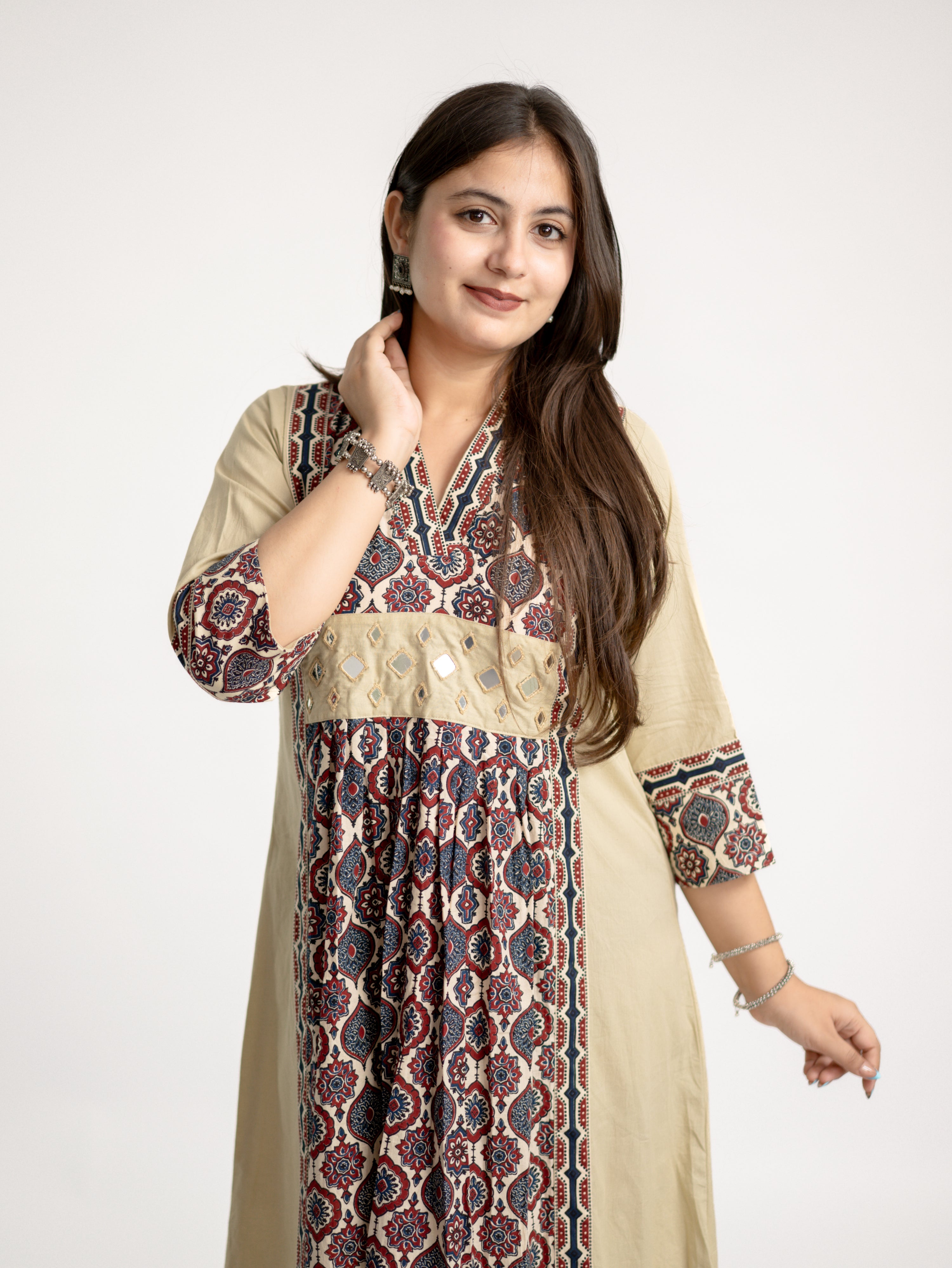 Diya Sand Beige Cotton Ajrakh Kutch Embroidered A-line Kurta