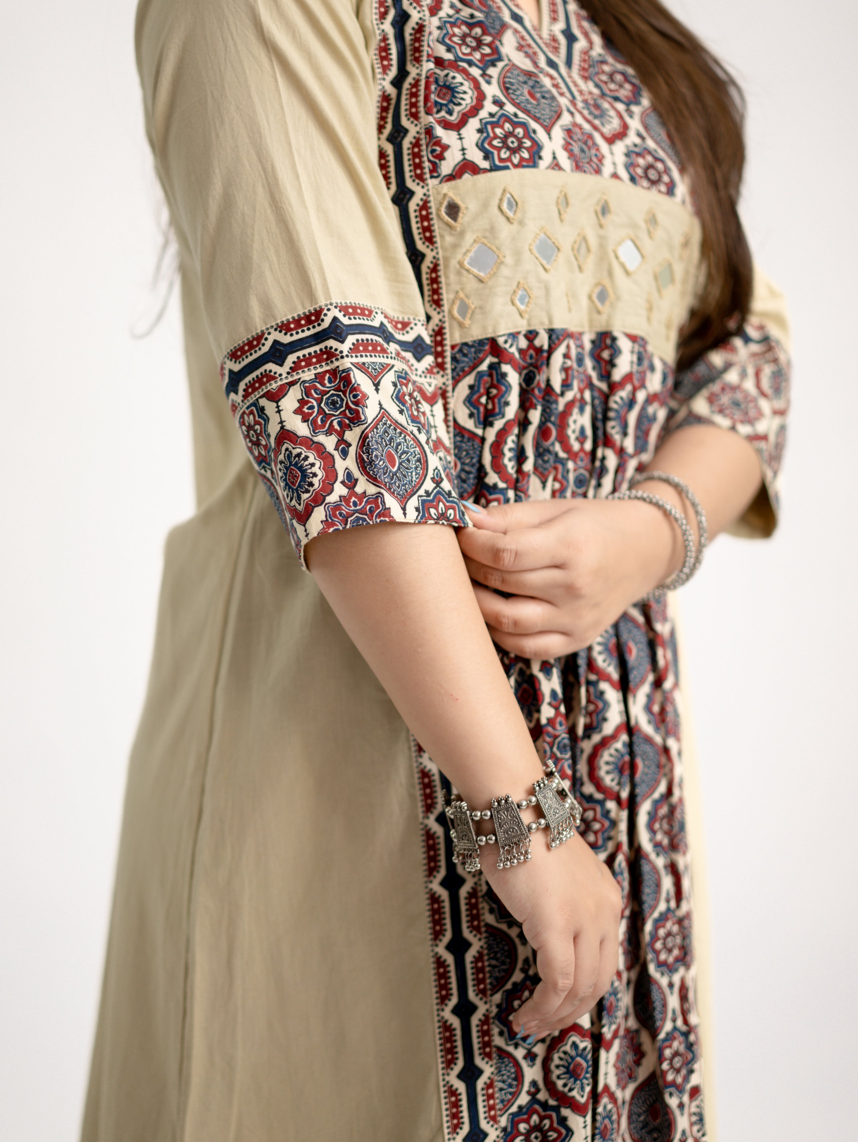 Diya Sand Beige Cotton Ajrakh Kutch Embroidered A-line Kurta