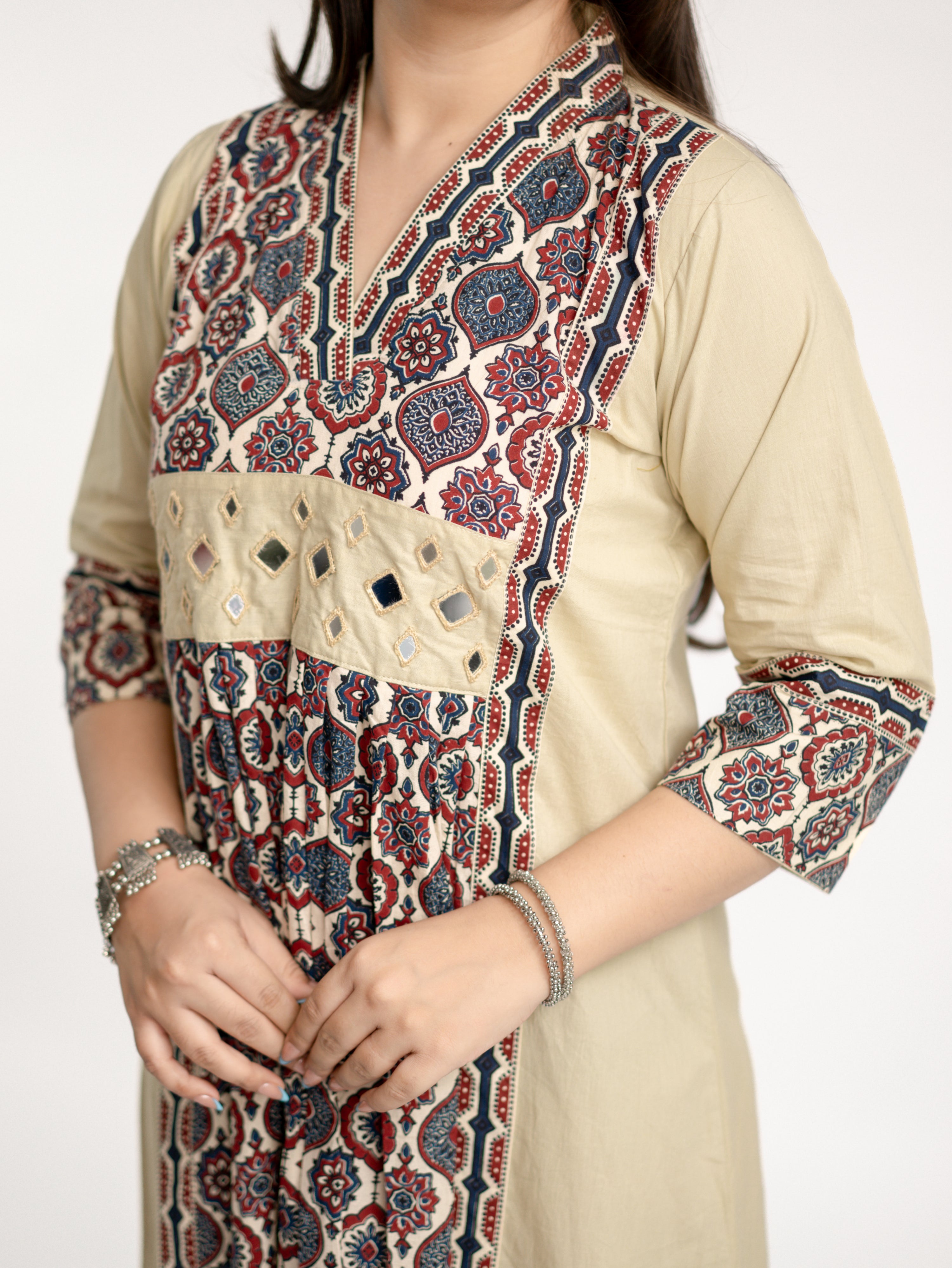 Diya Sand Beige Cotton Ajrakh Kutch Embroidered A-line Kurta